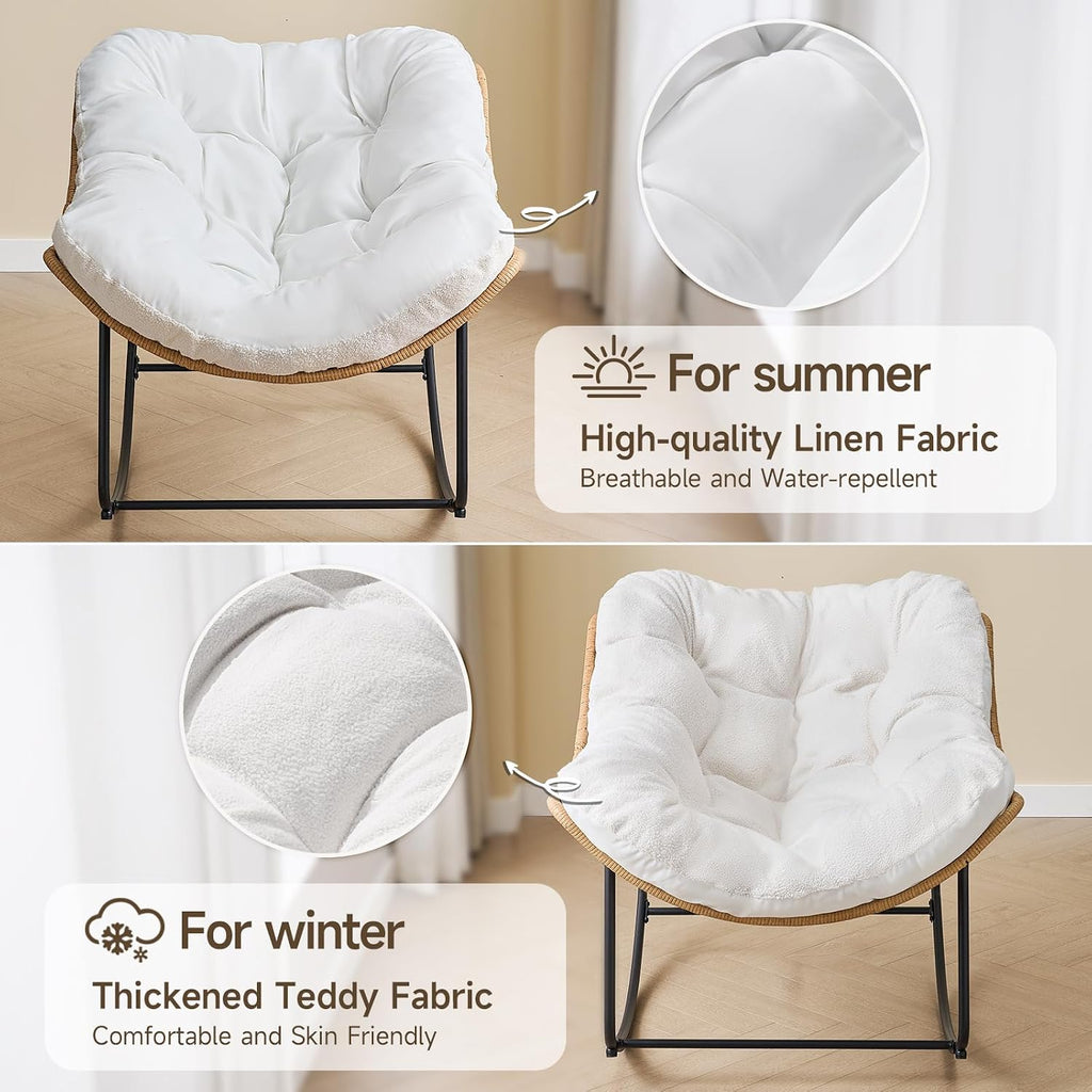 ONBRILL Outdoor Rocking Chairs, Oversized Papasan Rocking Chair Indoors with Padded Cushions, Rattan Wicker Lounge Chair for Living Room, Porch, Patio, Garden, White