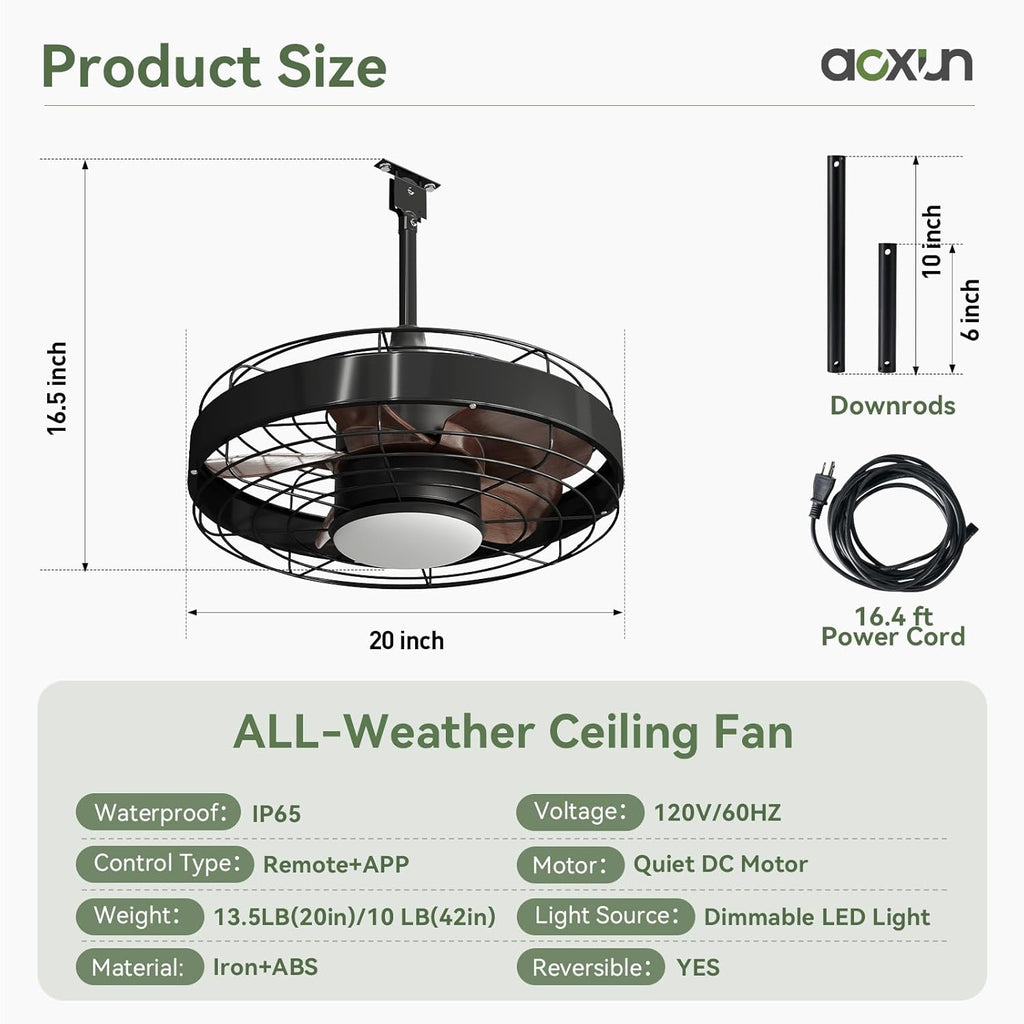 Aoxun 20 Inch Ceiling Fans, Waterproof Outdoor Ceiling Fans with Lights and Remote, LED Dimmable DC Reversible Modern Fandelier with 2 Size Downrods and Hanging Hook for Gazebo, Pergola