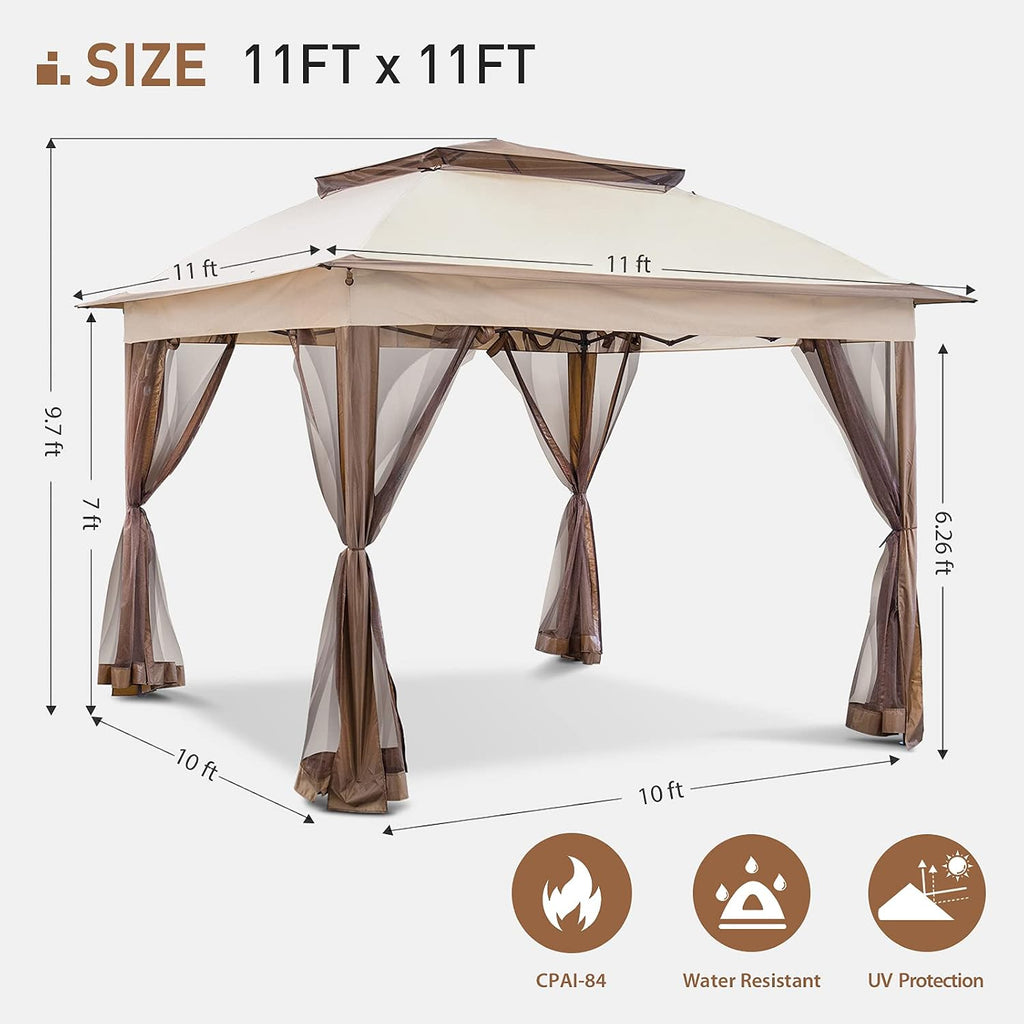 11'x11' Pop Up Gazebo for Patios Gazebo Canopy Tent with Sidewalls Outdoor Gazebo with Mosquito Netting Pop Up Canopy Shelter Wedding Tent, Beige