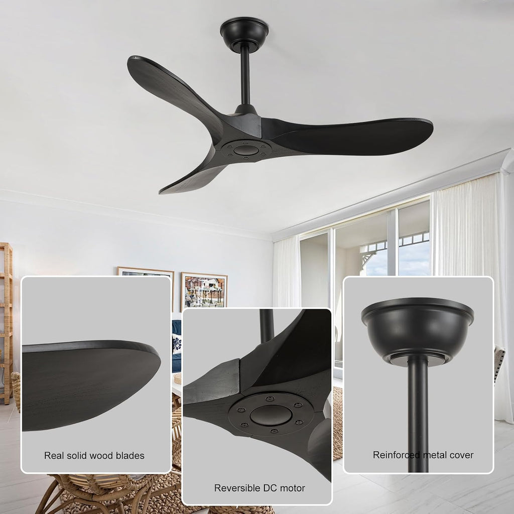 42'' Ceiling Fan no Light,Outdoor Ceiling Fan with Remote Control,3 Solid Wood Blades with Large Airflow for Bedroom,Living Room,Garage(black)