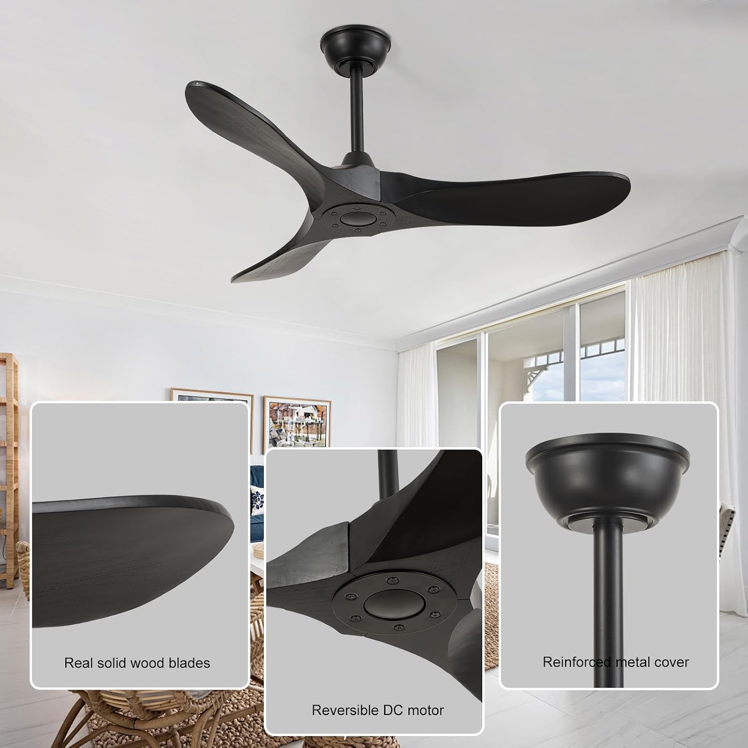 42'' Ceiling Fan no Light,Outdoor Ceiling Fan with Remote Control,3 Solid Wood Blades with Large Airflow for Bedroom,Living Room,Garage(black)