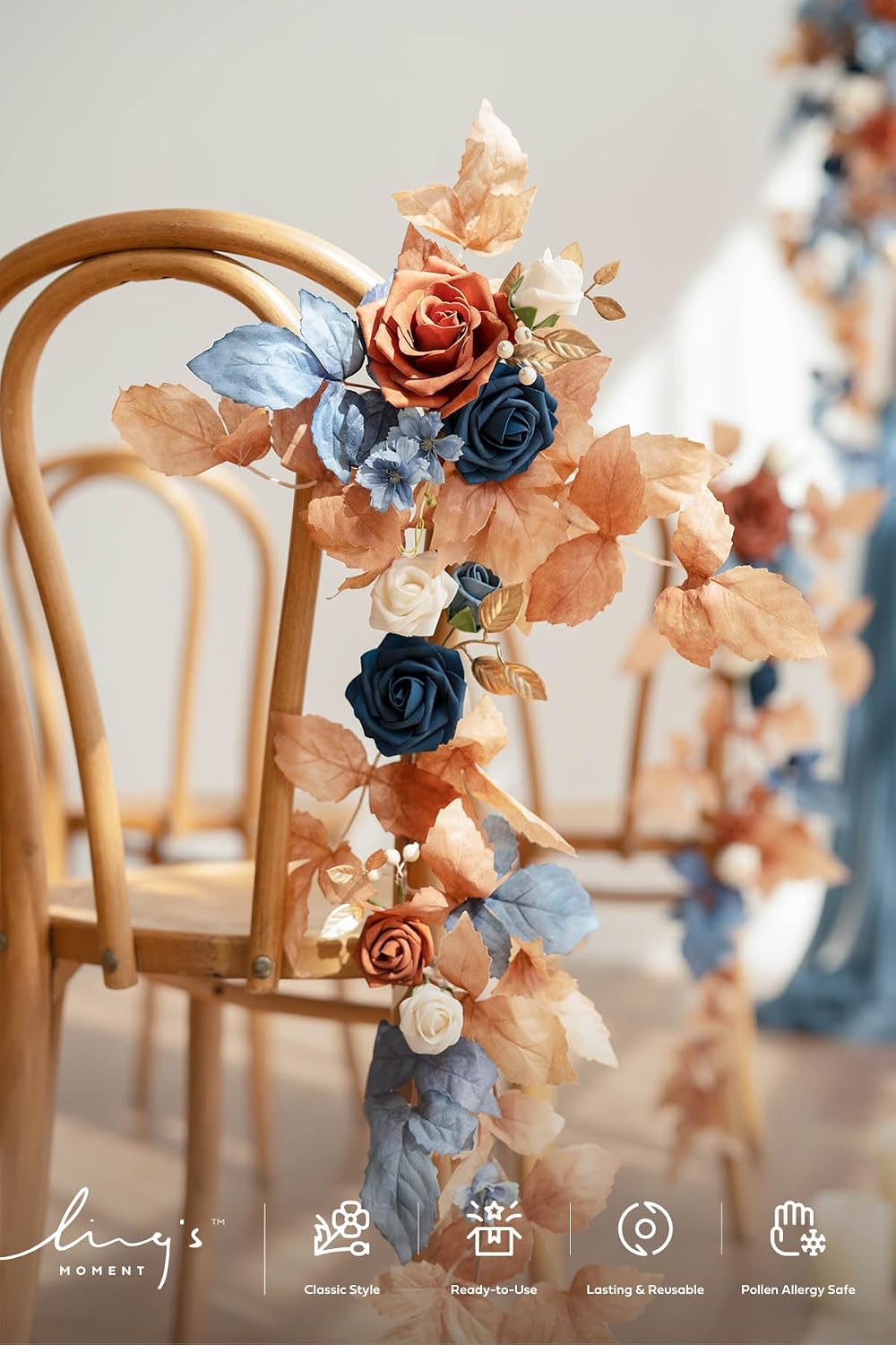Ling's moment Fall 10pcs Wedding Chair Decorations Aisle Floral Swag Artificial Pew Flowers Hanging Garland Terracotta Burnt Orange & Navy Blue for Ceremony Reception Church Rose Floral Party Outdoor