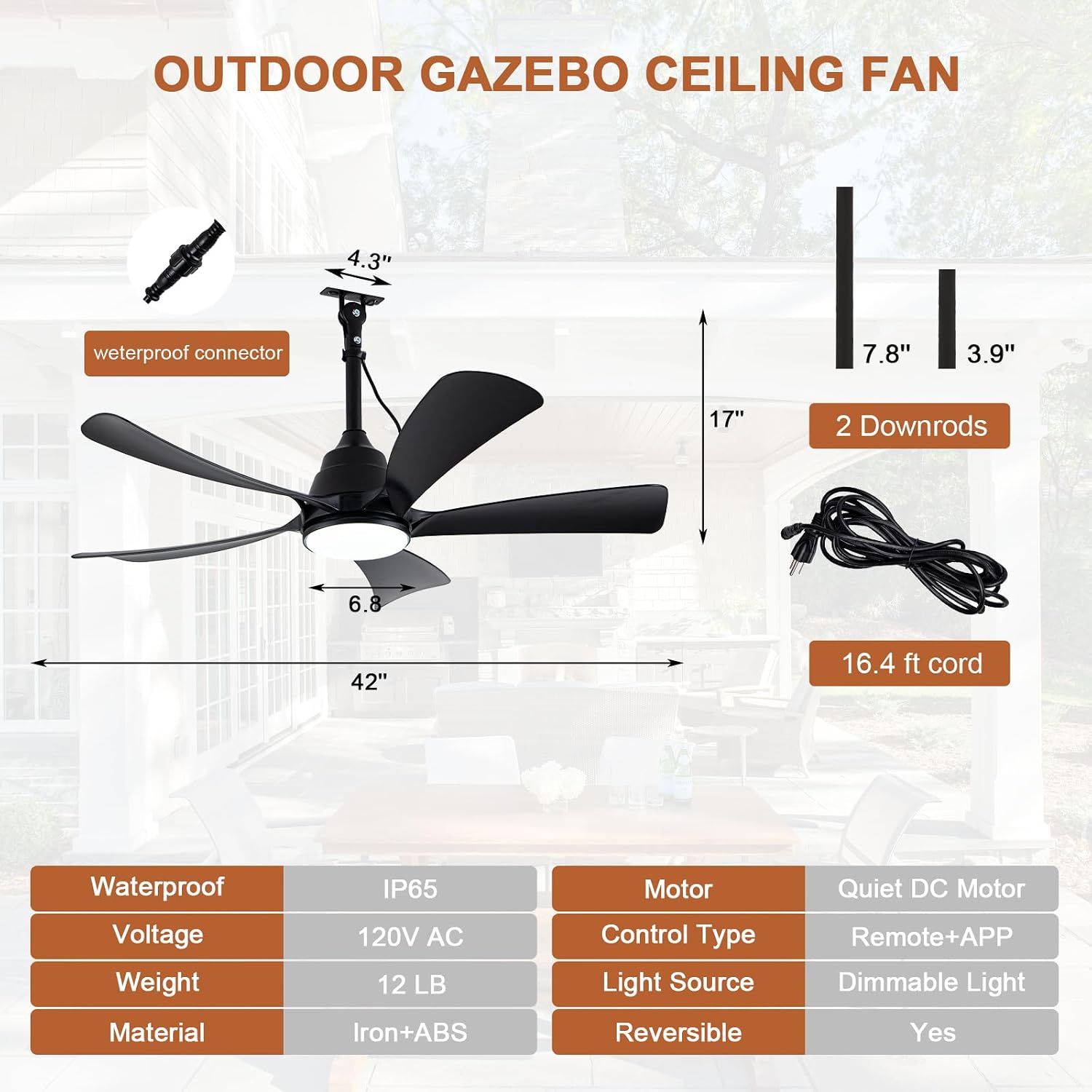 42'' Waterproof Outdoor Ceiling Fan with Lights IP65 Outdoor Gazebo Fan Wet Rated Hanging Plug in Ceiling Fan for Patio Pergola Porch Outside, APP Remote Control, Dimmable LED Lights