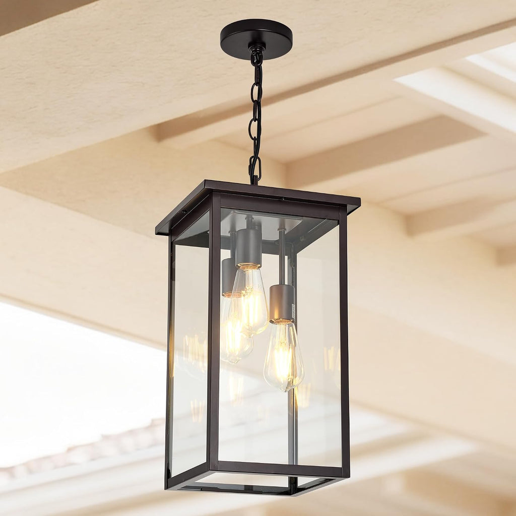 3-Light Outdoor Indoor Chandeliers,Oil Rubbed Bronze Pendant Light with Clear Glass Shade,Exterior Hanging Lantern for Front Porch Entrance Foyer Entryway (Bulb Not Included)