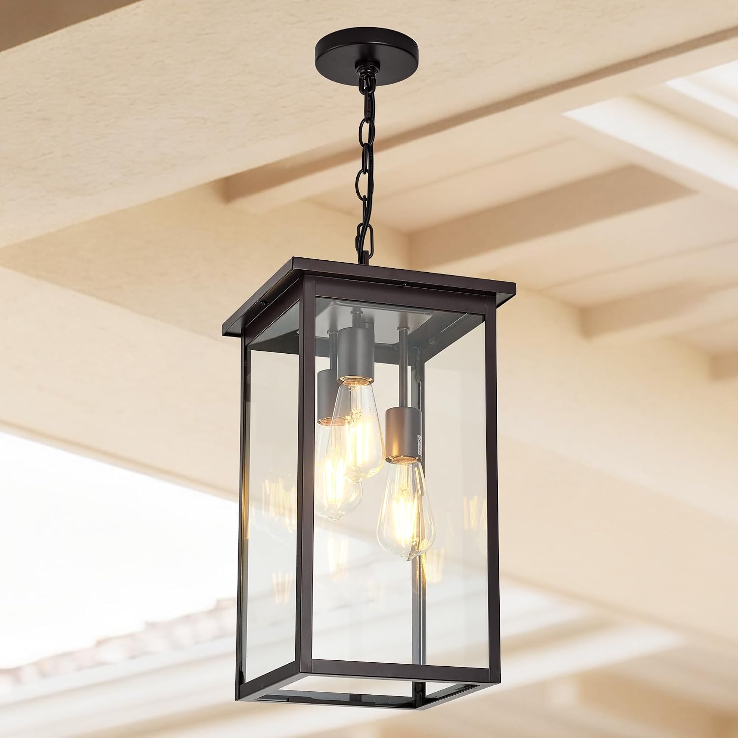 3-Light Outdoor Indoor Chandeliers,Oil Rubbed Bronze Pendant Light with Clear Glass Shade,Exterior Hanging Lantern for Front Porch Entrance Foyer Entryway (Bulb Not Included)