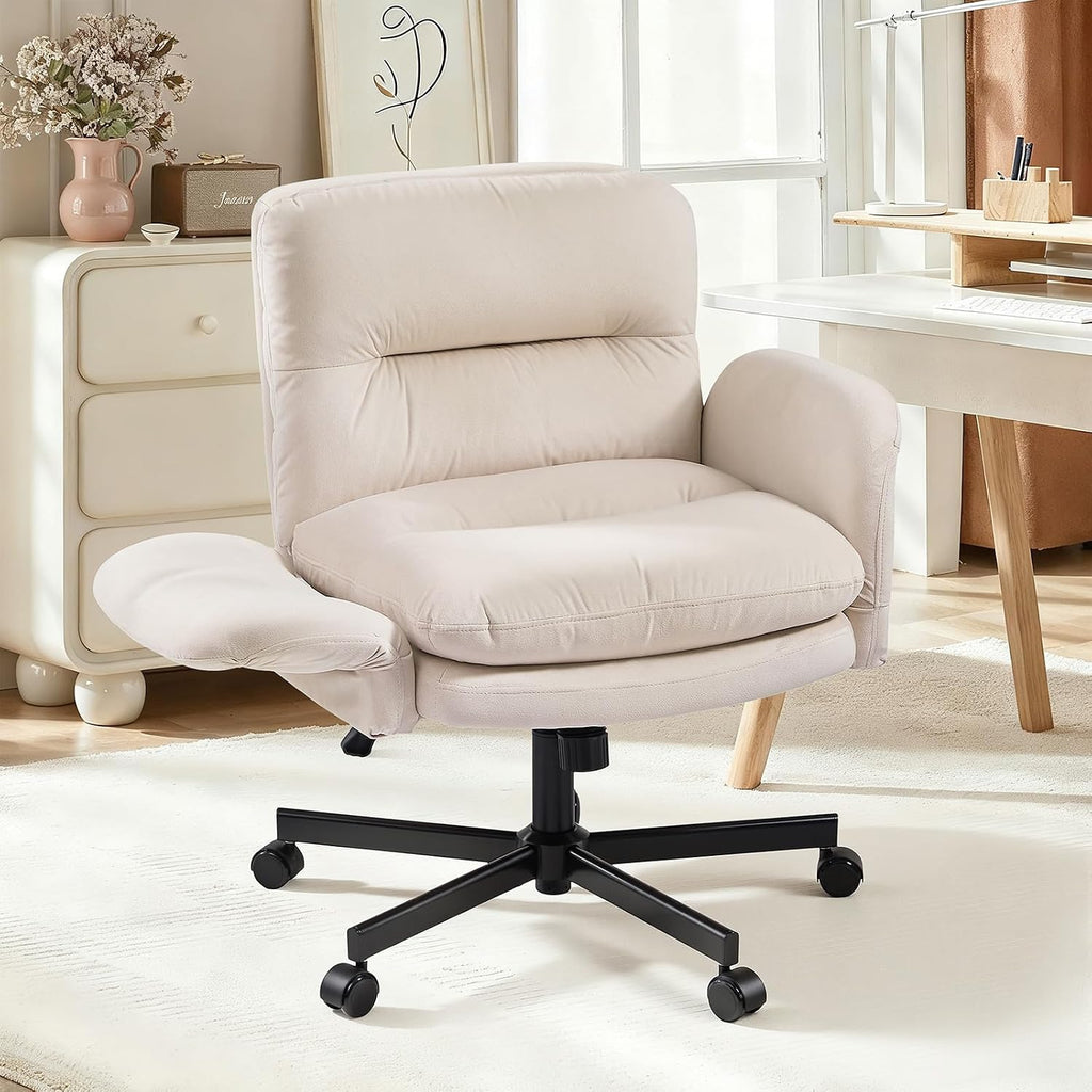 Bestier Criss Cross Chair with Flip-Up Armrests, Swivel Makeup Vanity Chair with Wheels & Side Pockets, Cross Legged Office Chair for Home Office, Bedroom, Beige Velvet