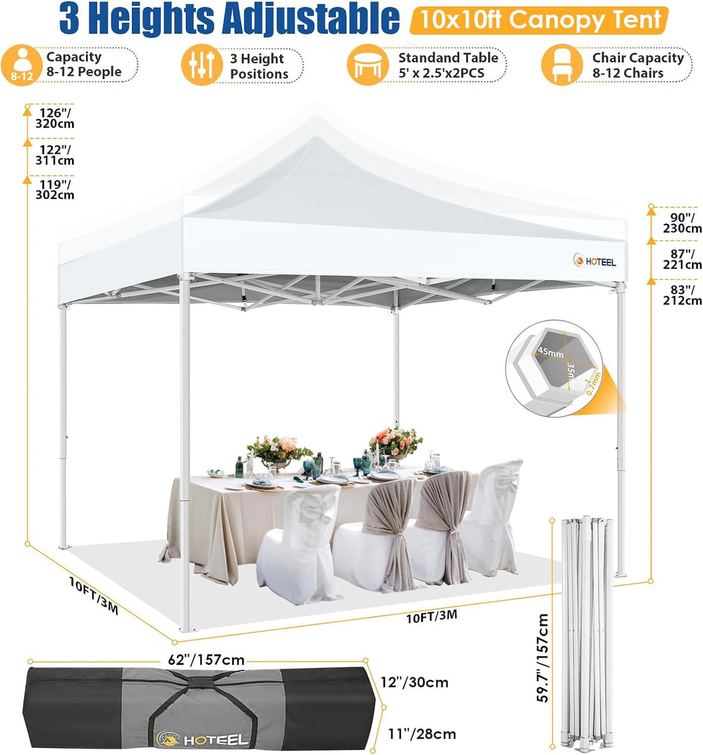 HOTEEL 10x10 Pop up Canopy Tent for Parties, Heavy Duty Easy Setup Tent with 4 Sidewalls, Outdoor Commercial Instant Gazebo for Wedding Event, with Portable Bag, White(Hexagonal Frame)