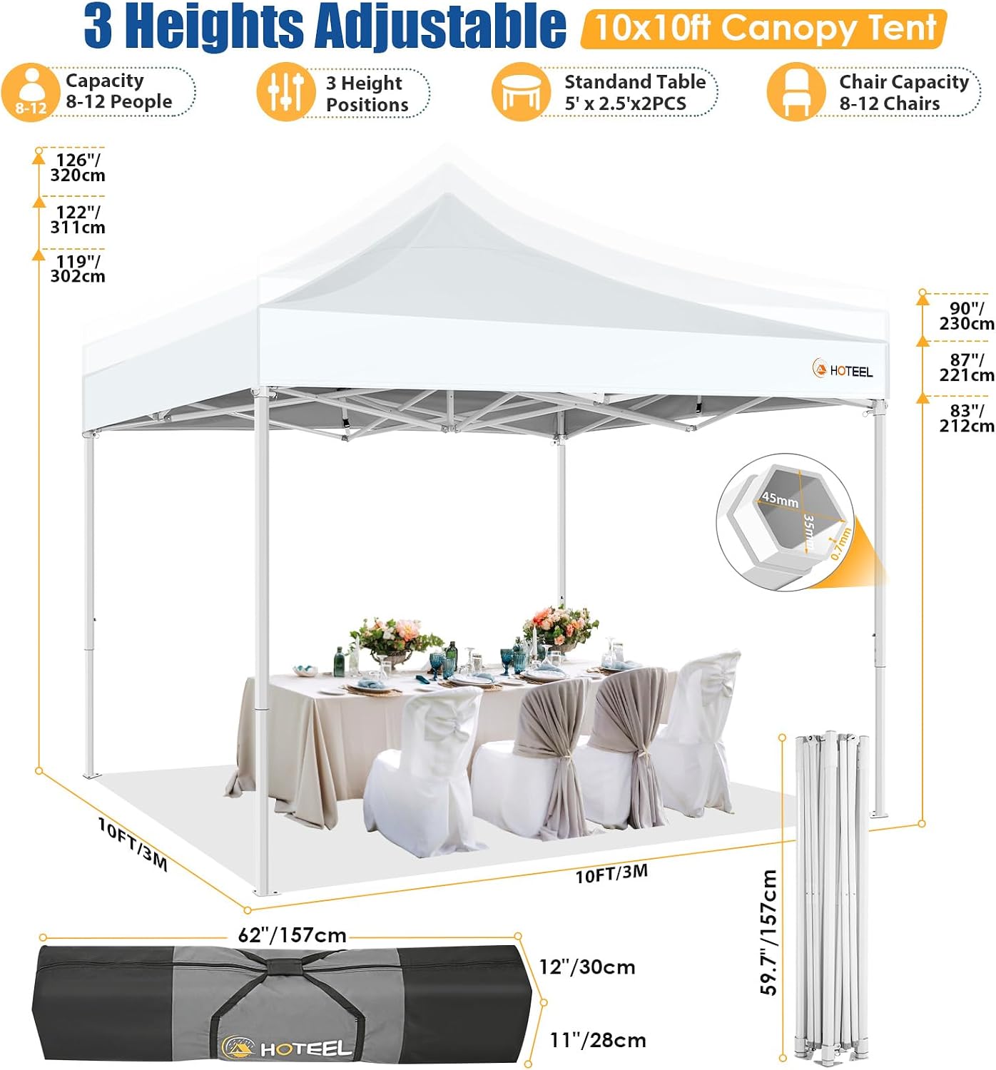 HOTEEL 10x10 Pop up Canopy Tent for Parties, Heavy Duty Easy Setup Tent with 4 Sidewalls, Outdoor Commercial Instant Gazebo for Wedding Event, with Portable Bag, White(Hexagonal Frame)