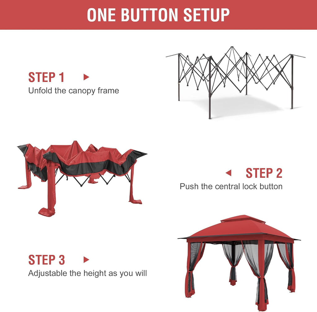 Pop Up Gazebo 11x11, Outdoor Instant Canopy Shelter Tent with Mosquito Netting Metal Frame Storage Bag for Patio Garden Backyard.(Red)