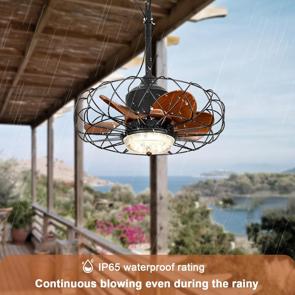20' Waterproof Outdoor Ceiling Fan with Light for Patios Gazebo Fans Outdoor Hanging Black Caged Fandelier LED Light with Plug-in Cord for Pergola Porch Gazebo, Remote APP Control, 6 Speeds