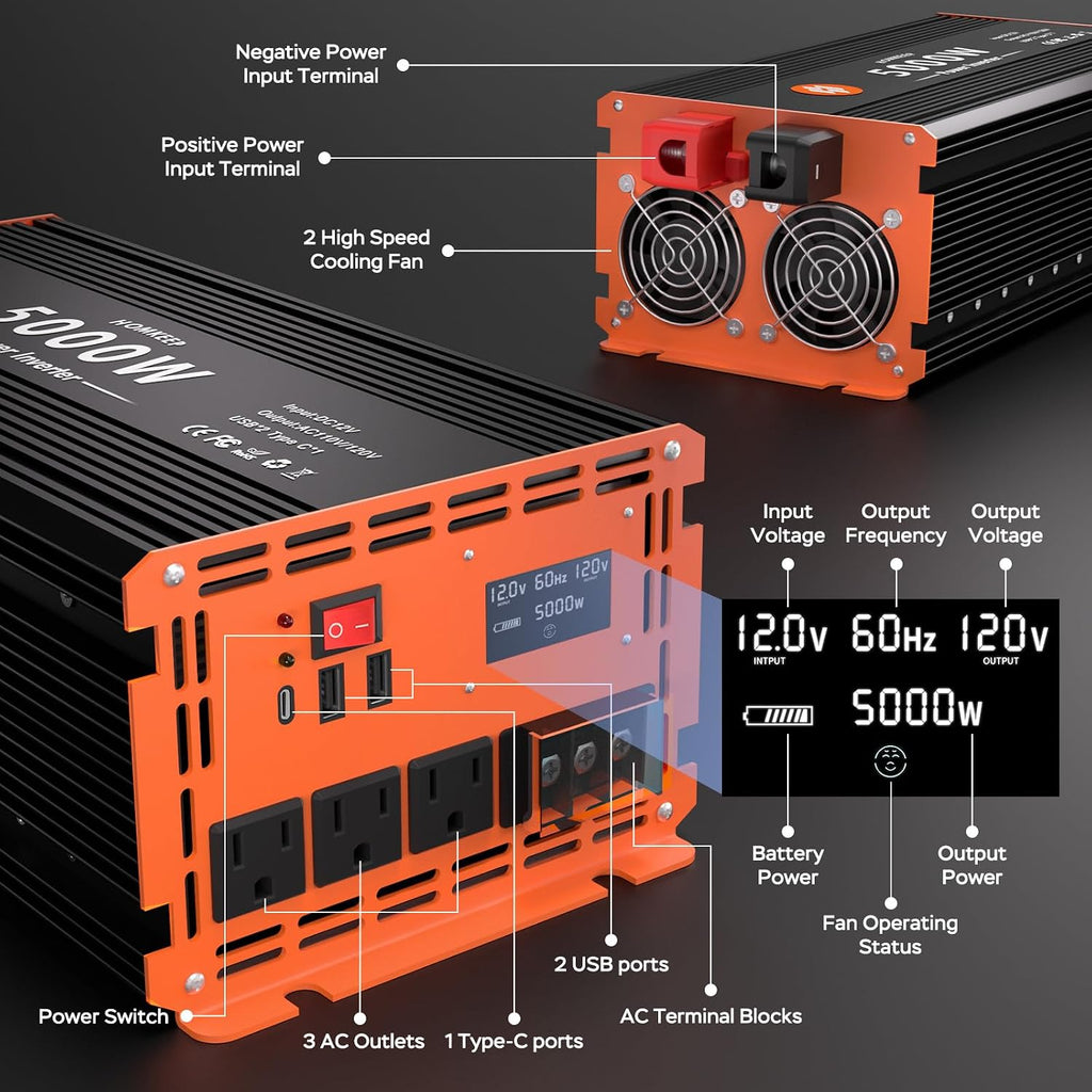 5000 Watt Power Inverter 12V DC to 110V/120V AC Converter Peak Power 10000W Car Inverter with LCD Display 3 AC Outlets, 2 USB & Type-C Port for RV,Truck,Off-Grid Solar System with Remote Controller