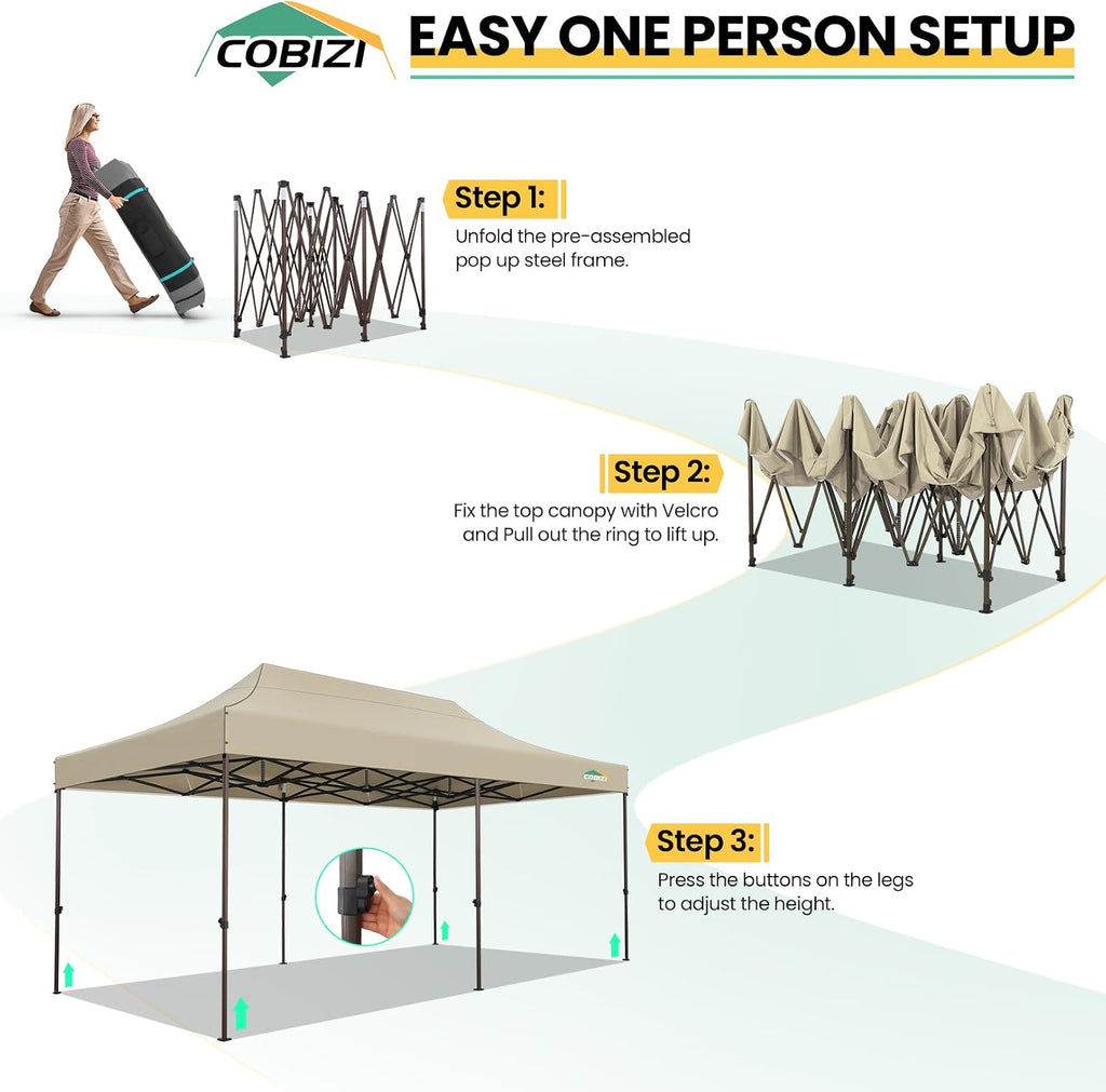 COBIZI 10x20 Pop up Canopy Without Sidewall Heavy Duty Commercial Outdoor Gazebo Easy Up Wedding Party Tents for Parties with Roller Bag, All Season Wind & Waterproof UPF50+(Upgrade Hexagonal Tube)