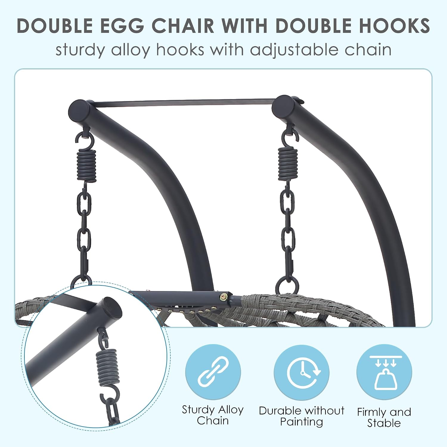 Brafab Double Egg Chair Swing with Stand, Oversized Hand-Woven Wicker Rattan 2-Person Egg Chairs for Outdoor Indoor, Hanging Egg Chair with Thick Double Cushion and Sturdy Steel Stand, Charcoal