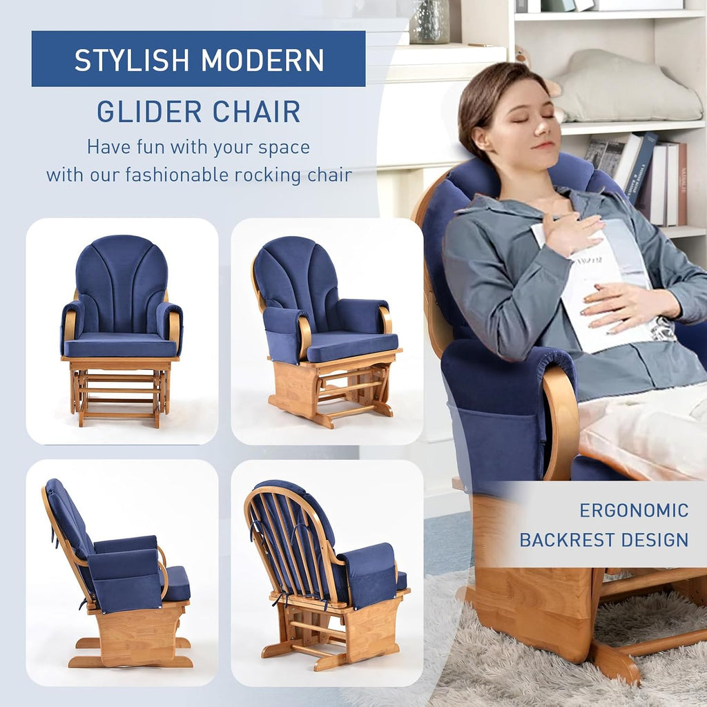 Wood Base Glider Rocker Chair, Baby Feeding and Rocking Chair Nursery Rocking Chairs with Silent Swing Solid Hardwood Base for Nursery, Living Room, Bedroom, Classroom(Beech Wood Blue)