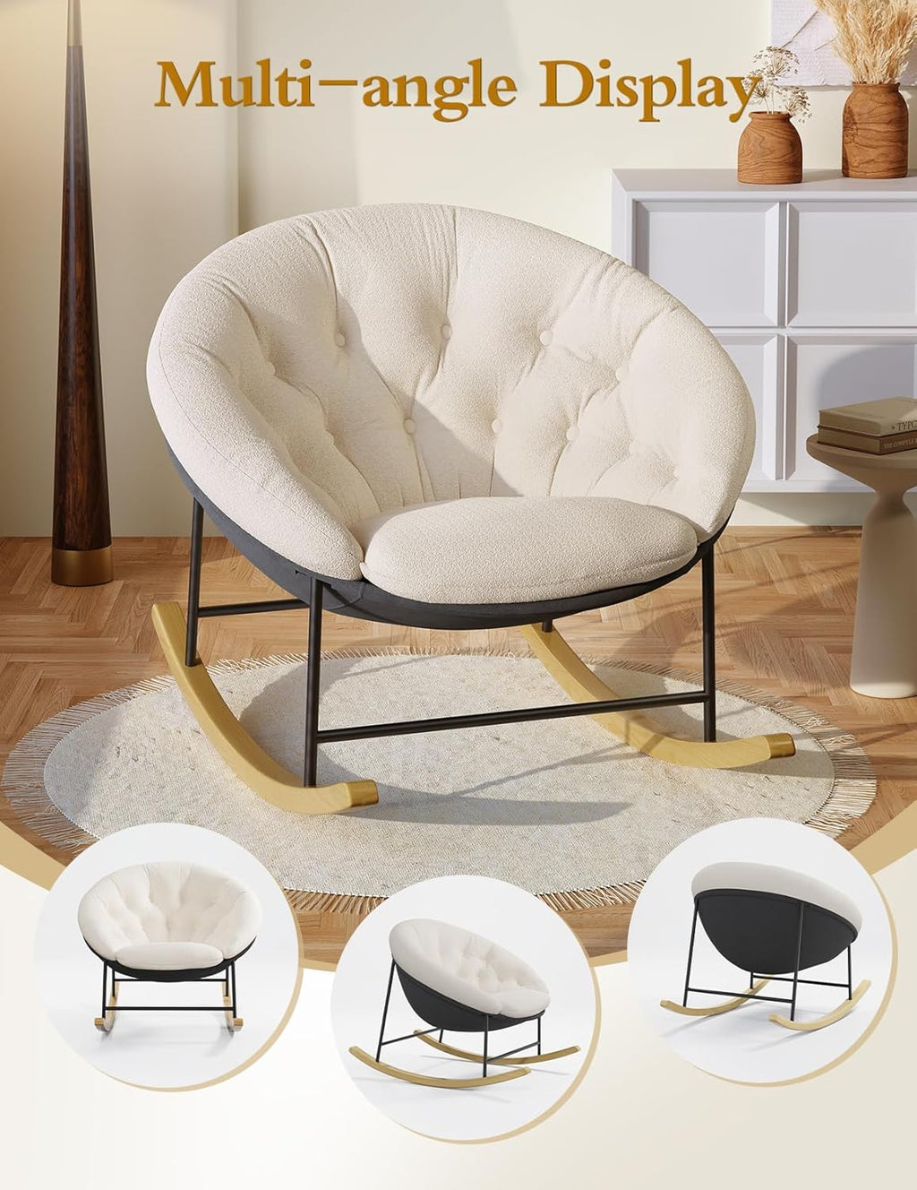 Kidirect Wide Rocking Chair Nursery, Comfy Saucer Nursery Rocking Chairs with Removable Cushion, Indoor Papasan Nursing Chair for Breastfeeding, Mecedora Para Adultos for Living Room & Bedroom (Cream)