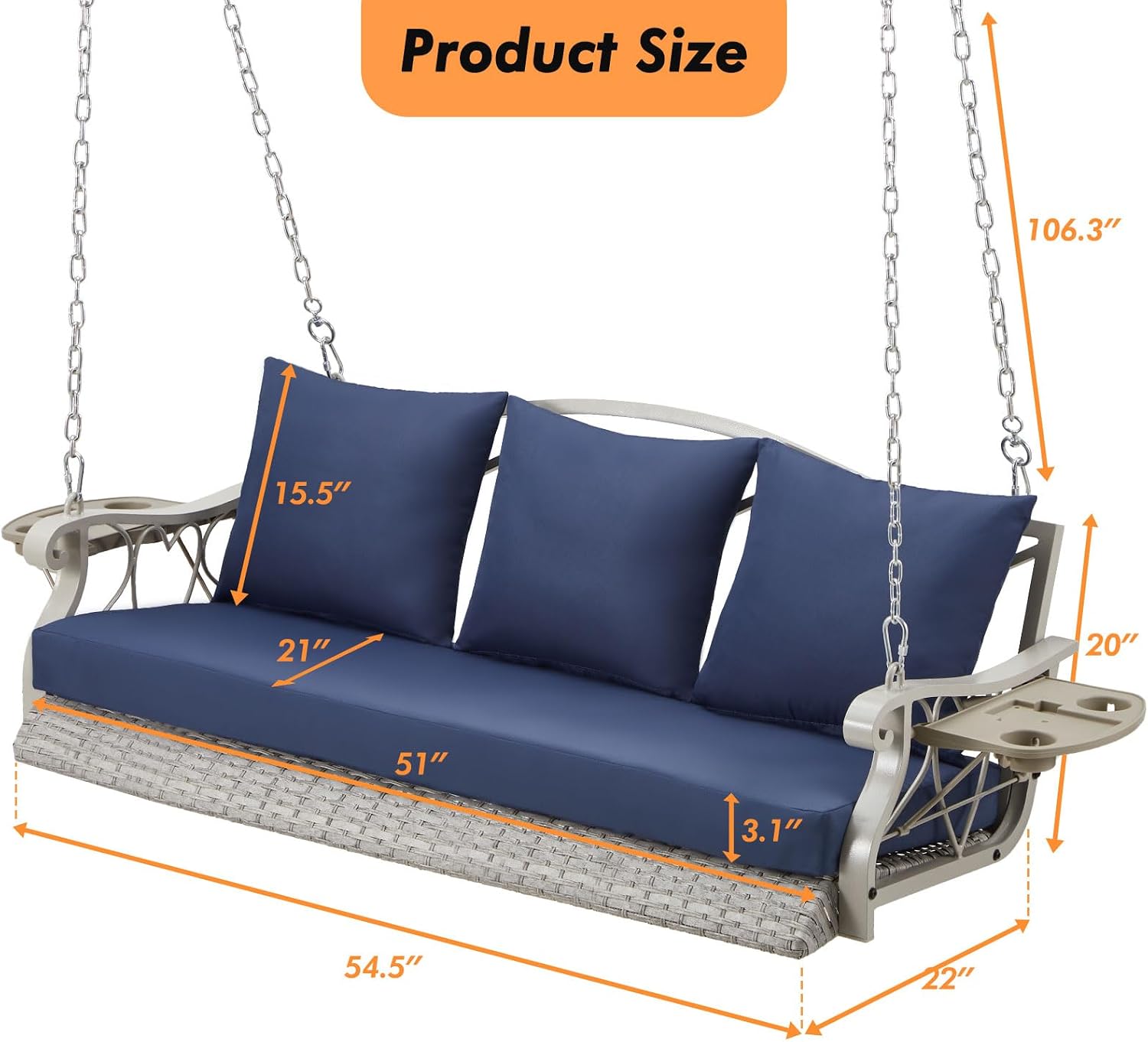 ZZW Heavy Duty 900 LBS Porch Swing Chair 3-Person Outdoor Rattan Patio Swing Lounge w/Cup-Holder & Steel Chains Wicker Hanging Bench Porch Swing Cushions for Deck & Backyard & Garden