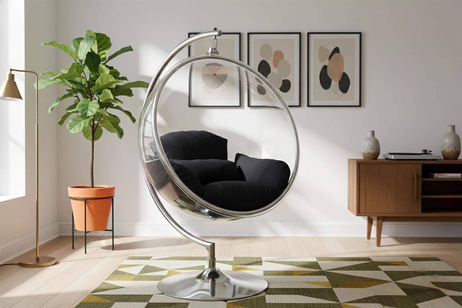 Meridian Furniture 507Black Luna Collection Modern | Contemporary Clear Acrylic Accent Swing Chair with Durable Metal Base and Fabric Seat, Black, Chrome Finish, 41.5' W x 29.5' D x 64' H