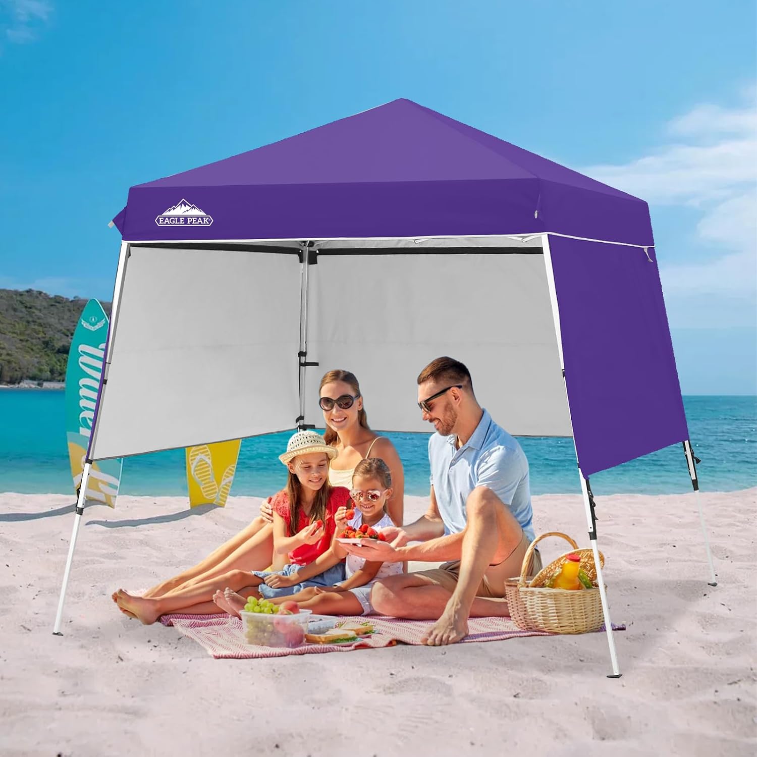 EAGLE PEAK Day Tripper 8x8 Aluminum Super-Lightweight Slant Leg Pop Up Canopy with 3 Removable Walls, Instant Outdoor Backpack Canopy Tent, Outside Beach Folding Sun Shelter, 8x8 Base 6x6 Top, Purple
