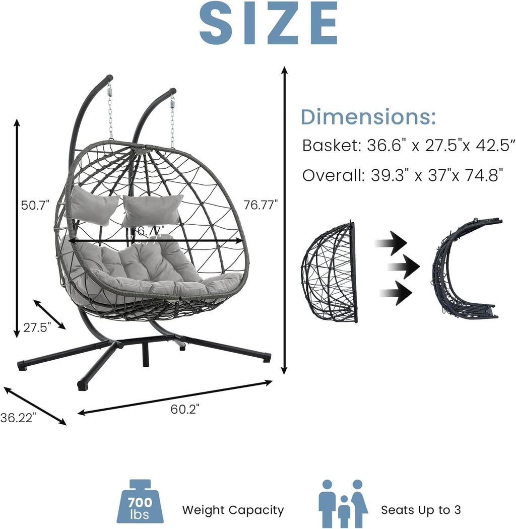 Hanging Double Egg Chair with Stand, 2 Person Comfy Patio Rattan Wicker Swing Hammock Chairs with Cushion, 700 LBS Capacity Egg Swing Chair for Indoor, Outdoor, Backyard, Balcony, Bedroom, Porch