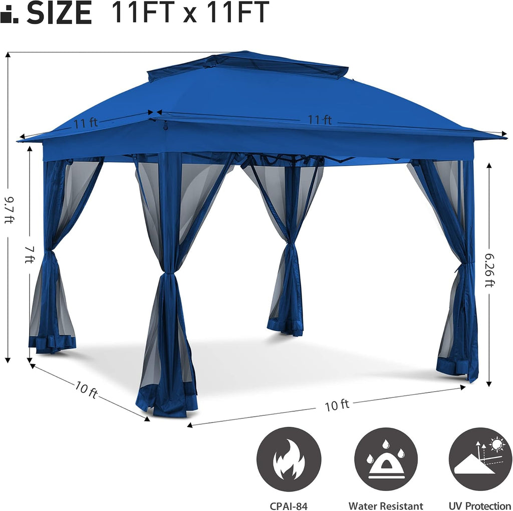 11'x11' Pop Up Gazebo for Patios Canopy Tent with Sidewalls Outdoor Gazebo with Mosquito Netting Pop Up Canopy Shelter Wedding Tent (Dark Blue)