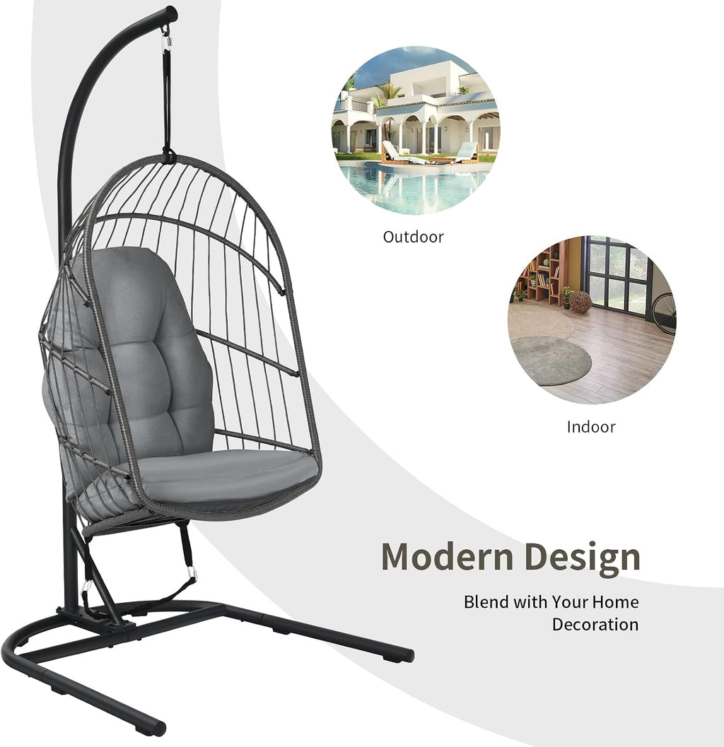 Giantex Hanging Egg Chair with Stand, Outdoor Indoor Foldable Swing Chair with Cushions, Rattan Hanging Basket Chairs with C Hammock Stand, Hanging Hammock Chair for Bedroom Balcony Patio (Grey)