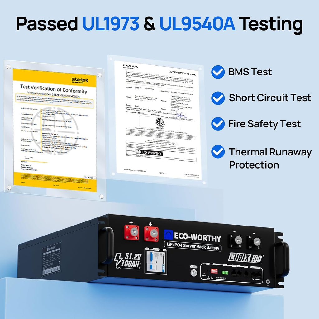ECO-WORTHY 48V 100Ah LiFePO4 Lithium Battery w/Bluetooth | UL1973 & UL9540A & CEC Listed | 5120Wh Server Rack Battery for Solar Energy Storage, Home Backup Power