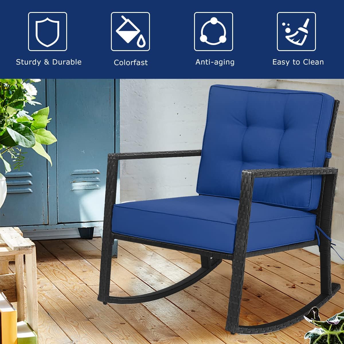 Tangkula Wicker Rocking Chair, Outdoor Glider Rattan Rocker Chair with Heavy-Duty Steel Frame, Patio Wicker Furniture Seat with 5' Thick Cushion for Garden, Porch, Backyard, Poolside (1, Blue)