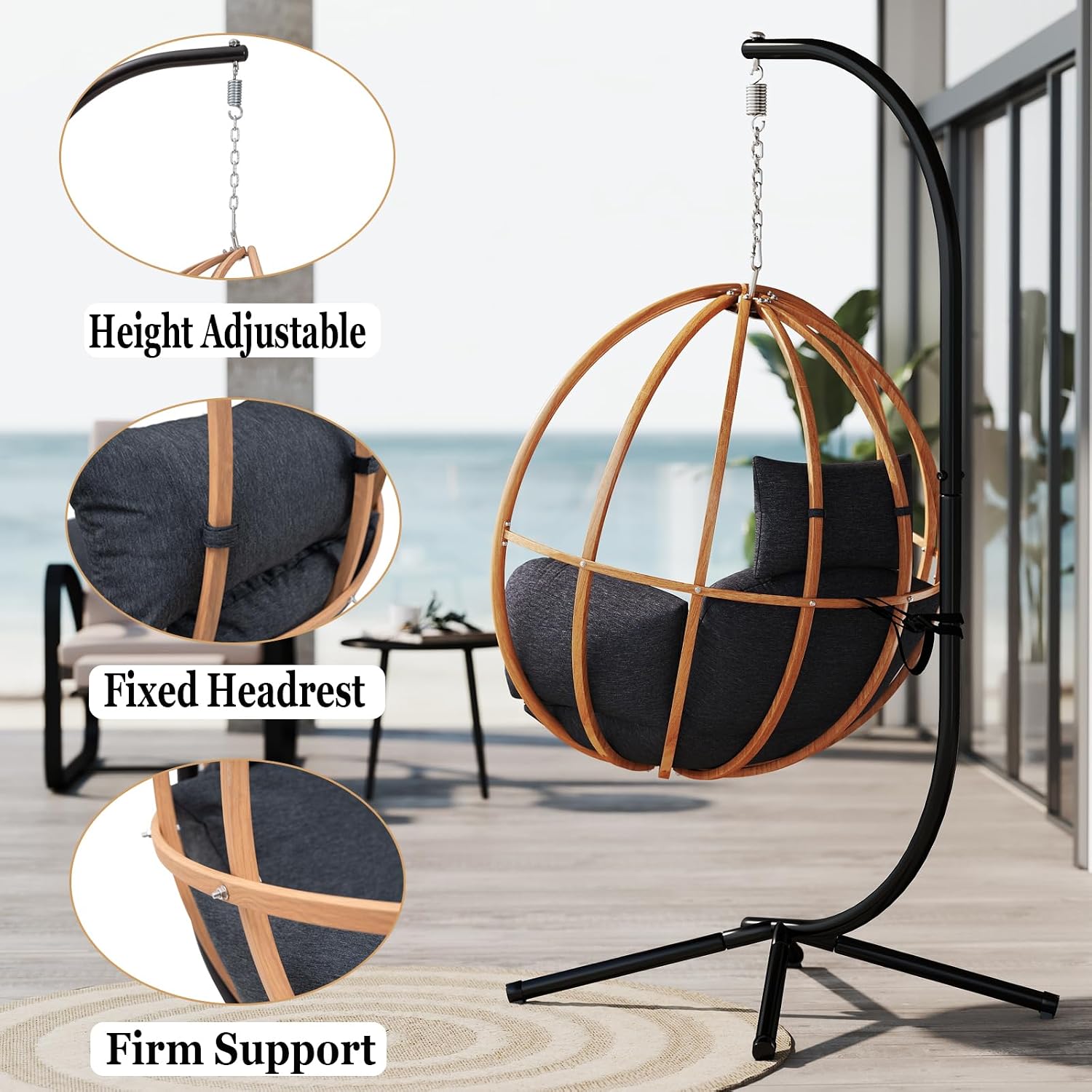 Hanging Egg Chair with Stand, Egg Swing Chair Outdoor for Balcony, Patio Hanging Egg Chairs with Cushions for Relaxation in Bedrooms, Gardens, Black