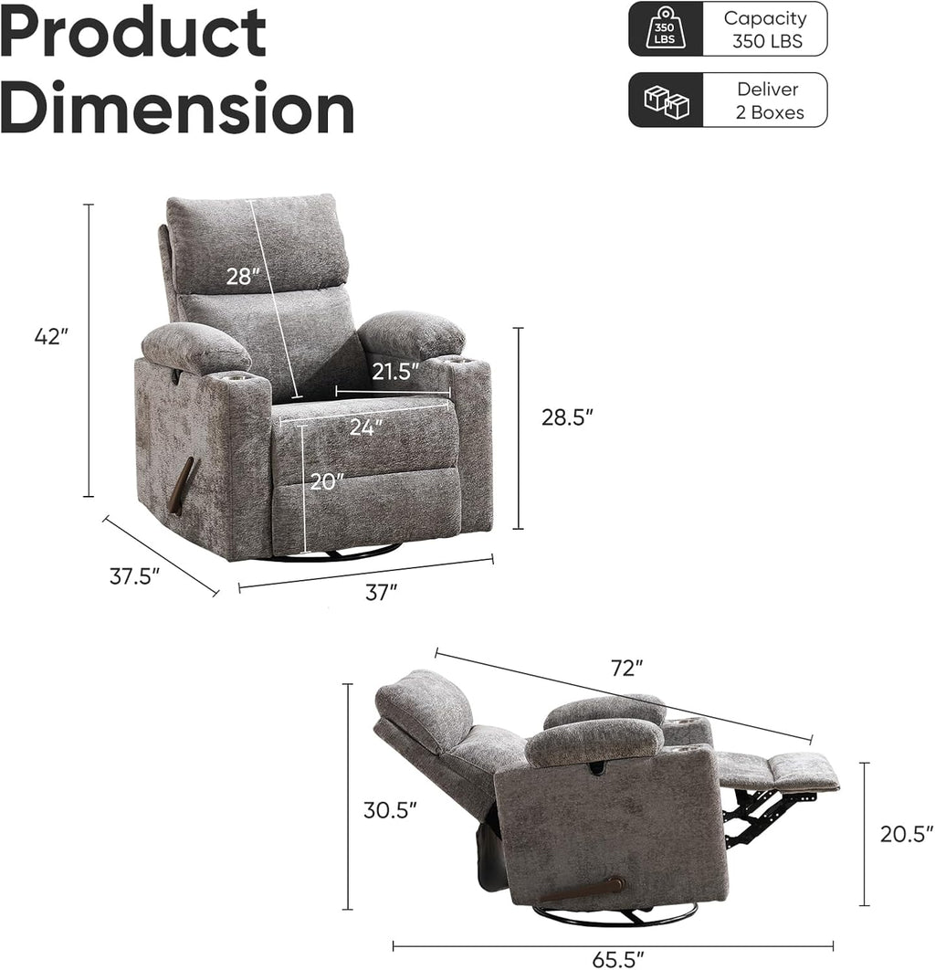 Swivel Rocker Recliner with Adjustable Armrests, Rocking Nursery Chair with Adjustable Headrest, Cup Holder, Manual Recliner Nursing Chair for Breastfeeding, Chenille Dark Grey