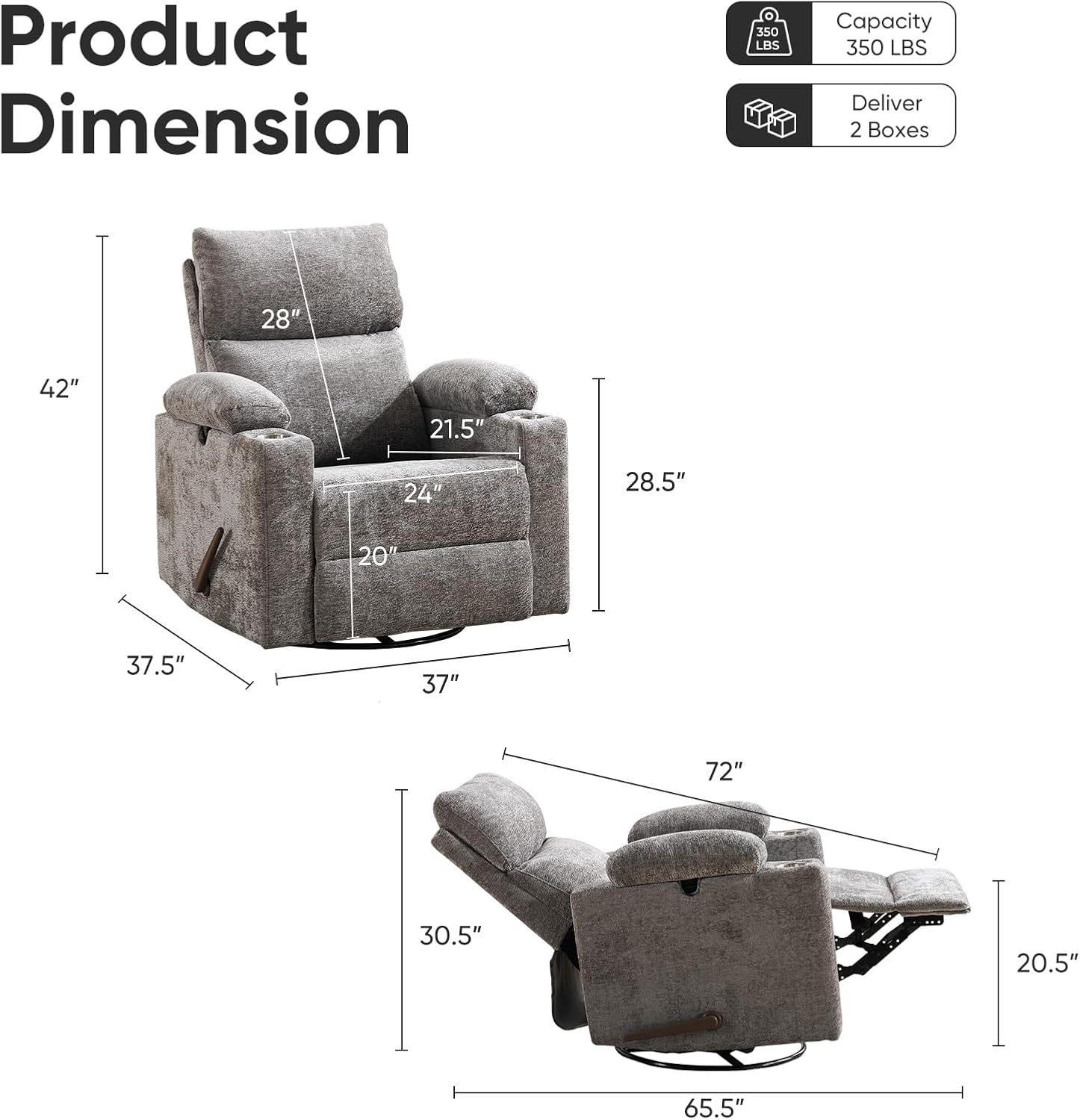 Swivel Rocker Recliner with Adjustable Armrests, Rocking Nursery Chair with Adjustable Headrest, Cup Holder, Manual Recliner Nursing Chair for Breastfeeding, Chenille Dark Grey