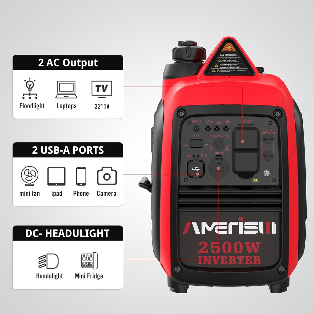 AMERISUN 2500W Portable Inverter Generator with Quiet Technology, Small Generator for Camping, Home Emergency, EPA Compliant 2025 Version