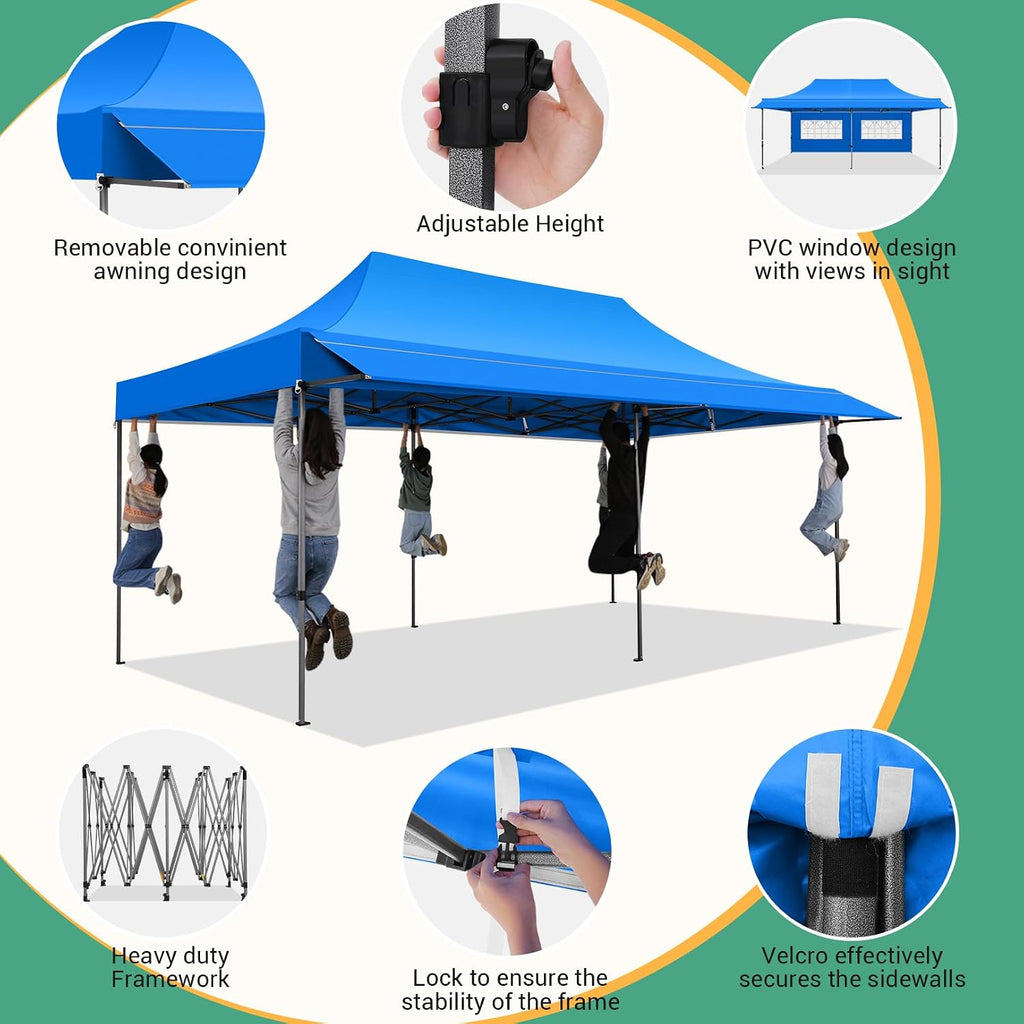 COBIZI 10x20 Pop Up Canopy Tent with Awning & Sidewalls, Heavy Duty Commercial 10X20 Canopy Tents Instant Waterproof, UPF 50+ Sun Shade for Outdoor, Parties, Markets (Blue)
