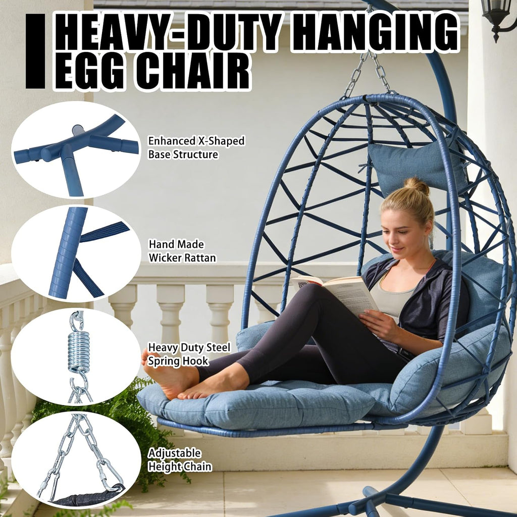 Hanging Egg Chair with Stand & Leg Rest,Rattan Wicker Swing Chair with Cushion,Patio Basket Hanging Chair Wicker Hammock Chair for Indoor Outdoor Bedroom Garden,300LBS (Blue Rattan&Blue Cushion)