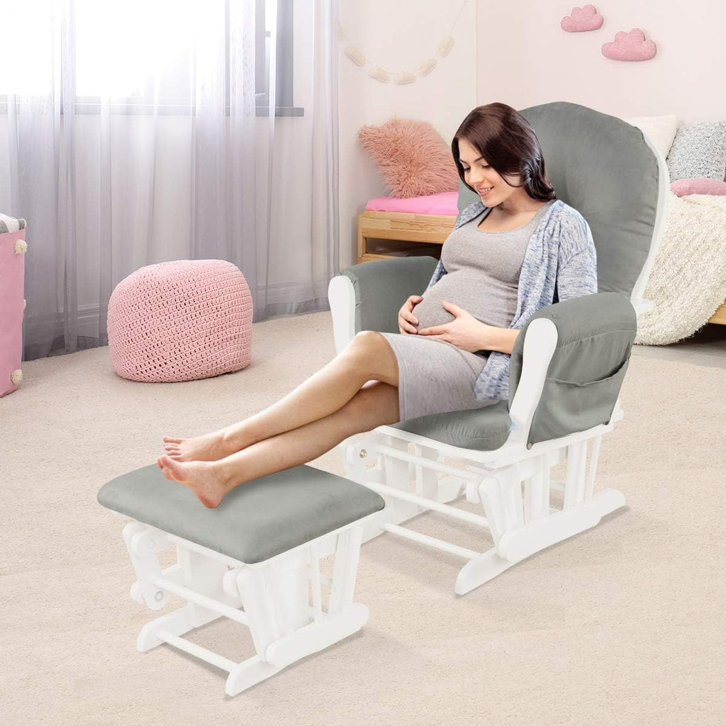 Costzon Nursery Glider with Ottoman, Upholstered Comfort Glider Rocker with Padded Cushion, Storage Pocket, Solid Wood Base, Rocking Chair Nursery for Breastfeeding, Napping (Light Gray)