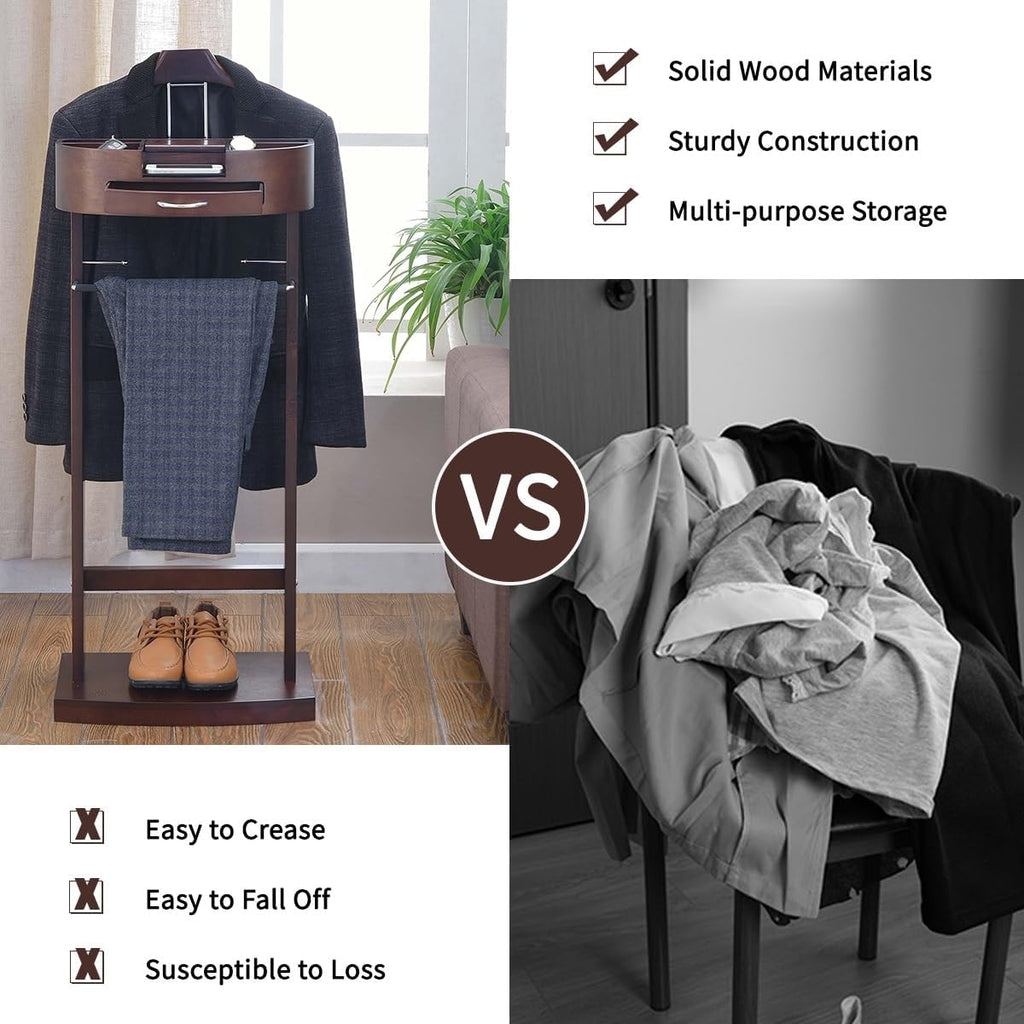 Wood Suit Valet Stand With Drawer Top Tray Freestanding Clothing Valet Stand Suit With Contour Hanger Trouser Bar Tie & Belt Hooks And Shoe Rack Clothes Rack Organizer Storage (Dark Brown B)