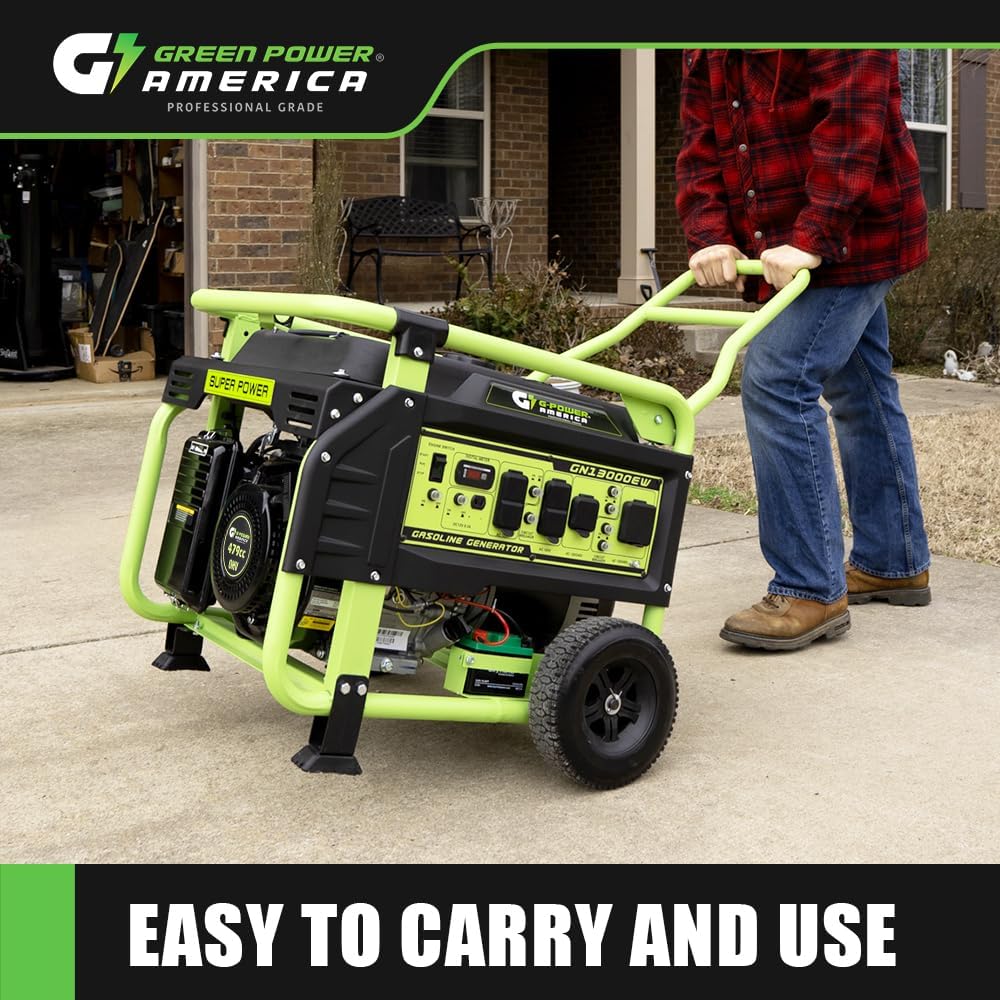 Green-Power America 13000W Portable Gas Generator, Electric/Recoil Easy Start, 12V 8.3A DC Charging Port, EPA Compliant, Heavy-Duty Power Supply for Home Blackout, RV Travel & Outdoor Construction