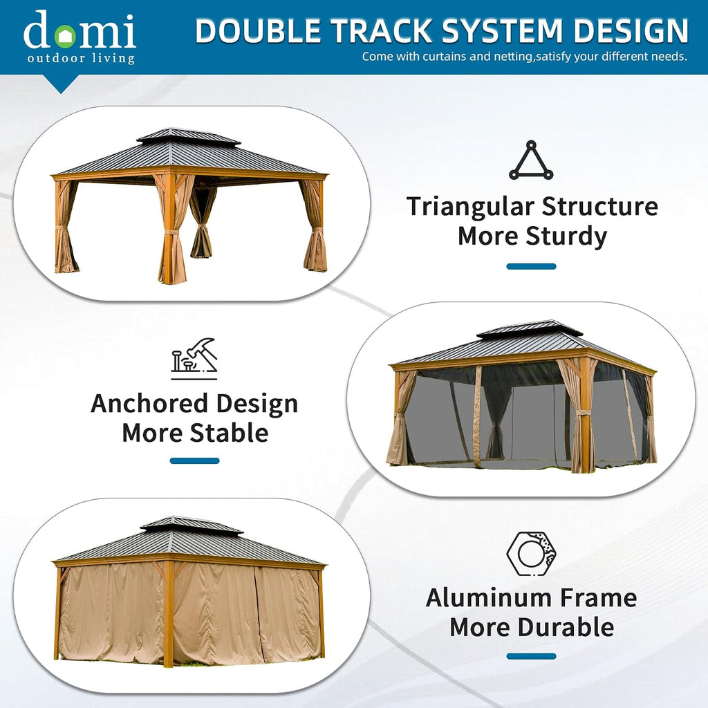 Domi Hardtop Gazebo 12x14FT, Outdoor Gazebo with Galvanized Steel Double Roof, Aluminum Frame, Built-in Gutter System, Curtain and Netting, Metal Gazebo Pavilion for Patio Deck Garden, Wood-Looking