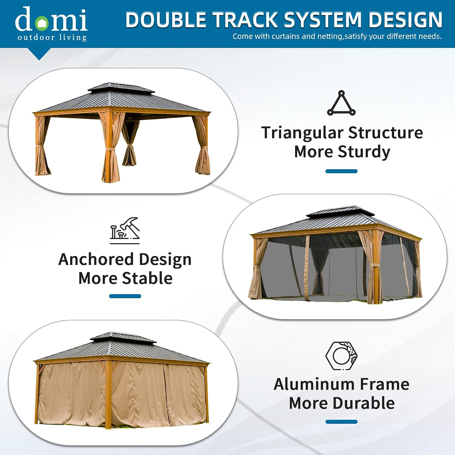 Domi Hardtop Gazebo 12x14FT, Outdoor Gazebo with Galvanized Steel Double Roof, Aluminum Frame, Built-in Gutter System, Curtain and Netting, Metal Gazebo Pavilion for Patio Deck Garden, Wood-Looking