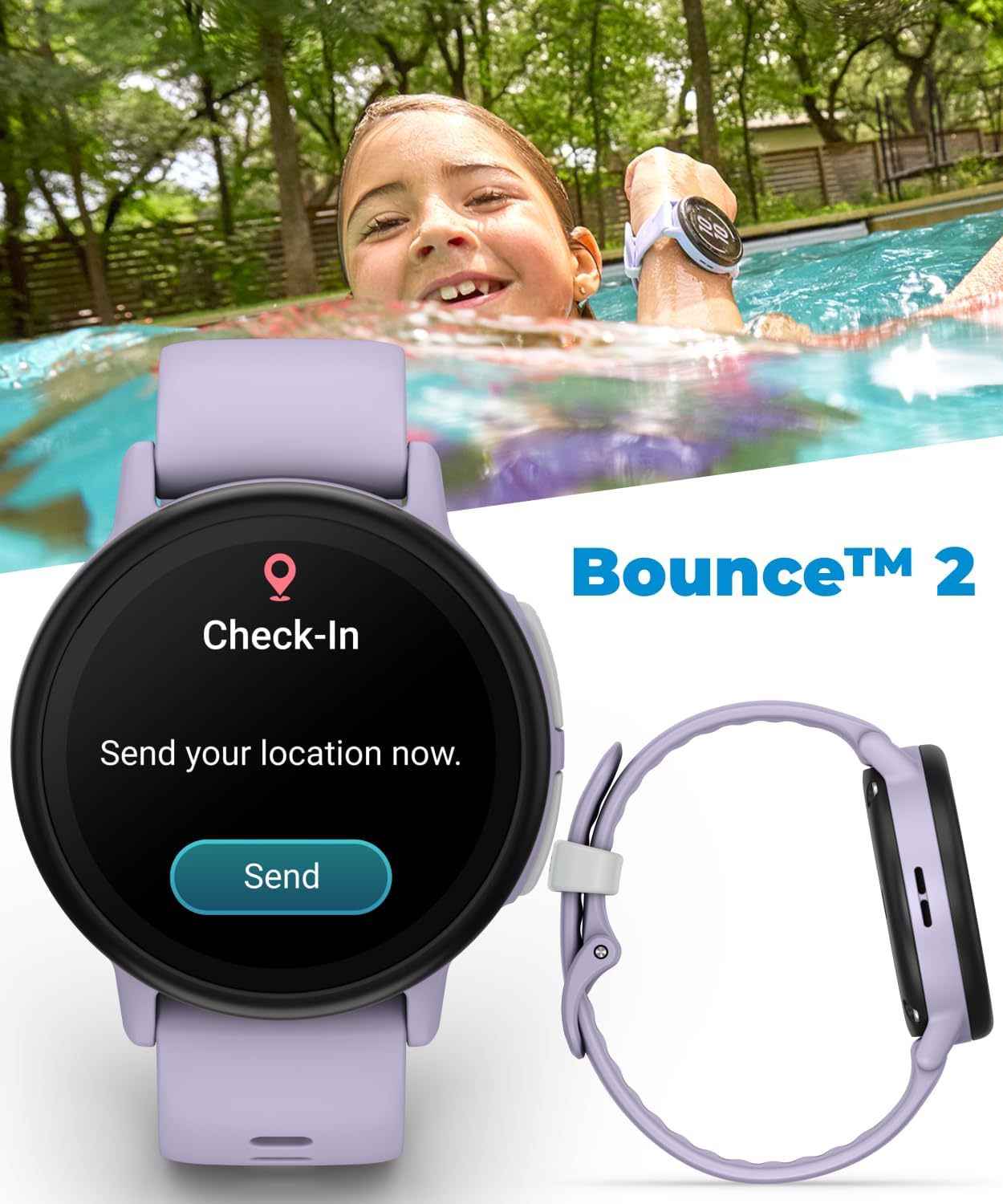 Garmin Bounce 2 Kids Smartwatch with LTE – Two-Way Calling, Text Messaging, Real-Time GPS Tracking, Swim-Friendly AMOLED Display, Music, Light Purple w/Wearable4U White Earbuds Bundle