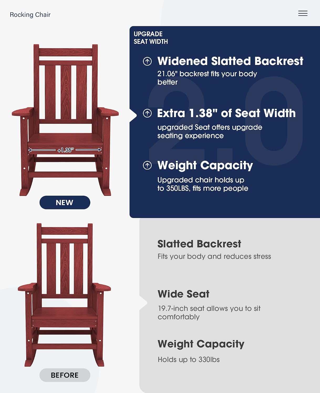 KINGYES Oversized Outdoor Rocking Chair Set of 4, All-Weather Patio Rocking Chairs for Porch, HDPE Outdoor Patio Rockers with High Back & Wide Seat for Garden, Lawn, Red