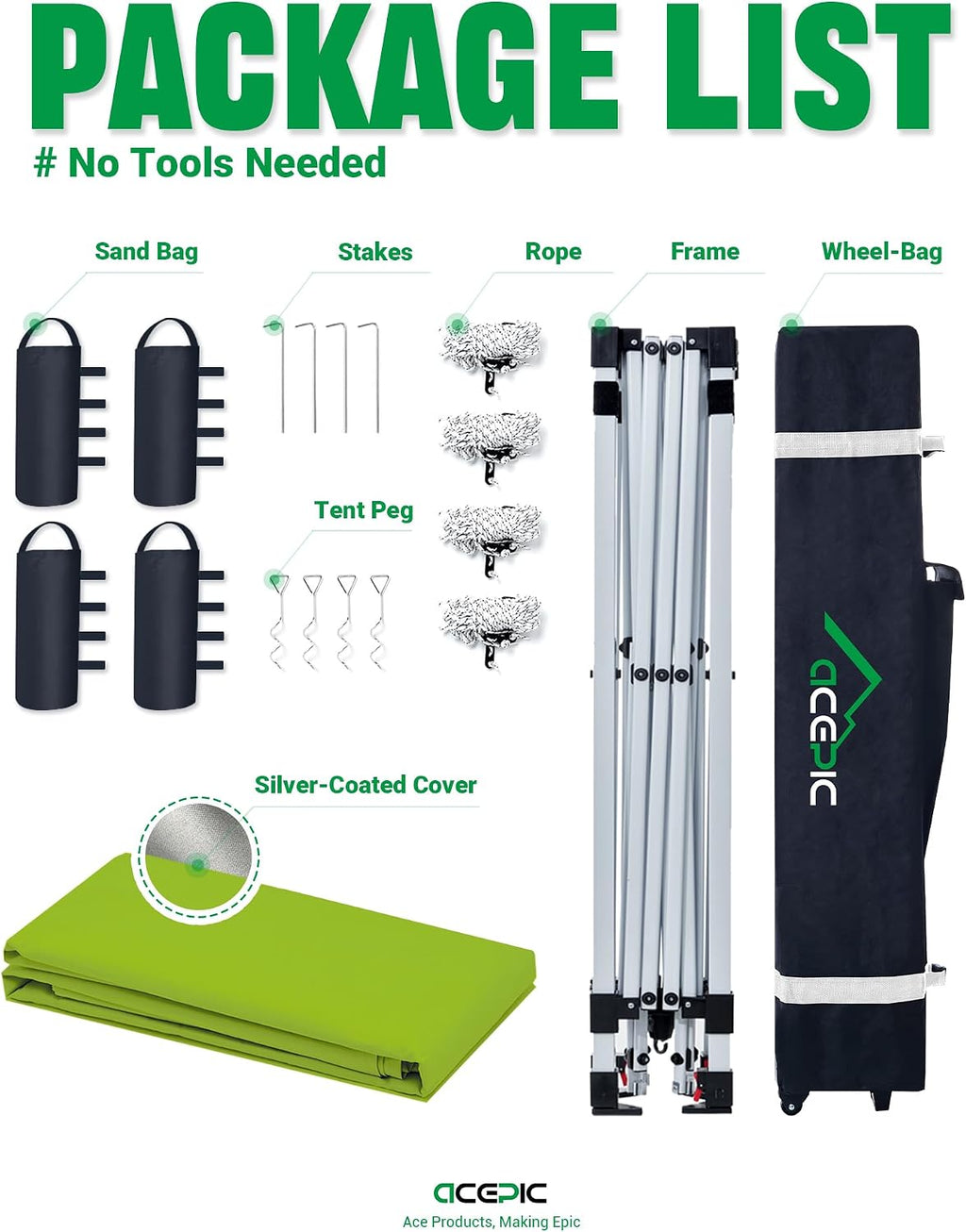 Acepic 10x10 Pop Up Canopy Tent,300D Silver-Coating Top,Pop Up Canopy Tent Instant Portable Shelter with 1-Button Push and Wheel Carry Bag, 8 Stakes and 4 Canopy Weights (Radiant Green, 10x10)