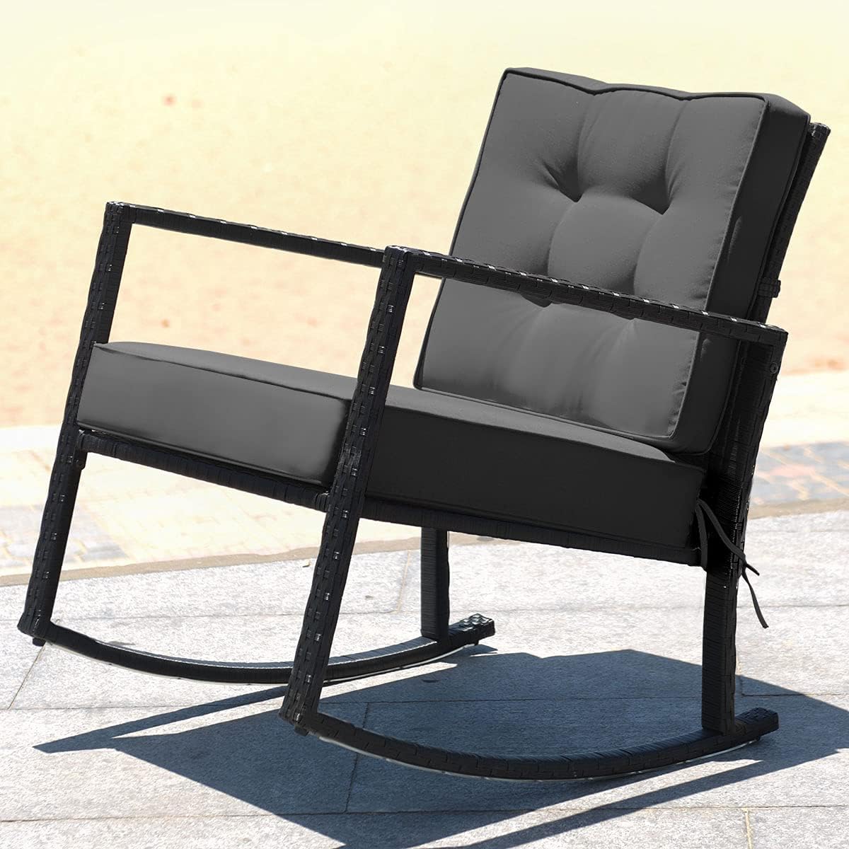 Tangkula 2 Pieces Wicker Rocking Chairs, Outdoor Glider Rattan Rocker Chair with Heavy-Duty Steel Frame, Patio Wicker Furniture Seat with 5' Thick Cushion for Garden, Porch, Backyard, Poolside