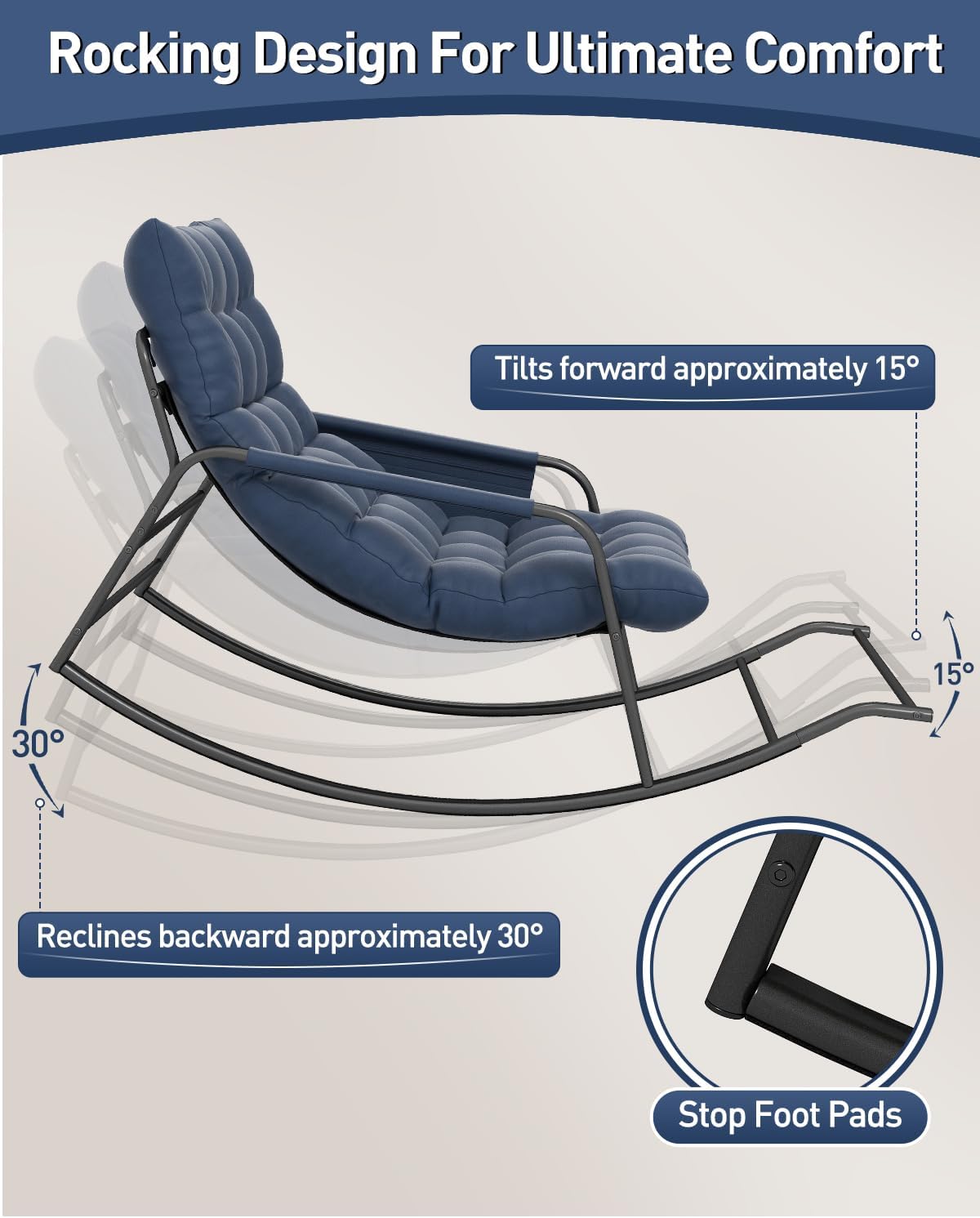 Oversized Indoor Rocking Chair, Plush Papasan Chair with Comfy Padded Cushions & Side Pocket, for Patio Garden, Porch, Lounge, Outdoor, Navy
