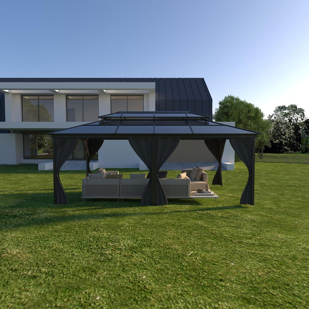 GAOMON Hardtop Gazebo 12'x20', with Double Polycarbonate Roof, Aluminum Alloy Frame, Net, and Curtain, Permanent Building of Backyard Luxury, for Patio, Deck, Backyard, Lawn, and Garden, Gray