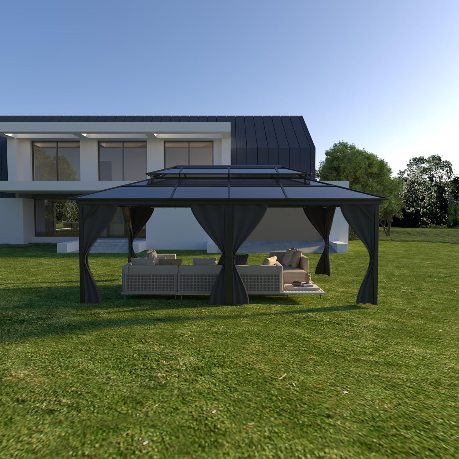 GAOMON Hardtop Gazebo 12'x20', with Double Polycarbonate Roof, Aluminum Alloy Frame, Net, and Curtain, Permanent Building of Backyard Luxury, for Patio, Deck, Backyard, Lawn, and Garden, Gray