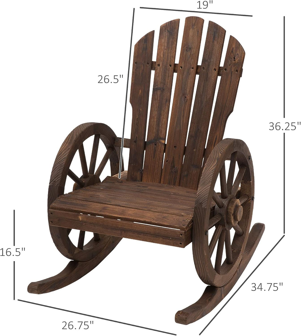 Outsunny Wooden Rocking Chair, Adirondack Rocker Chair w/Slatted Design and Oversized Back, Outdoor Rocking Chair with Wagon Wheel Armrest for Porch, Poolside, and Garden, Carbonized