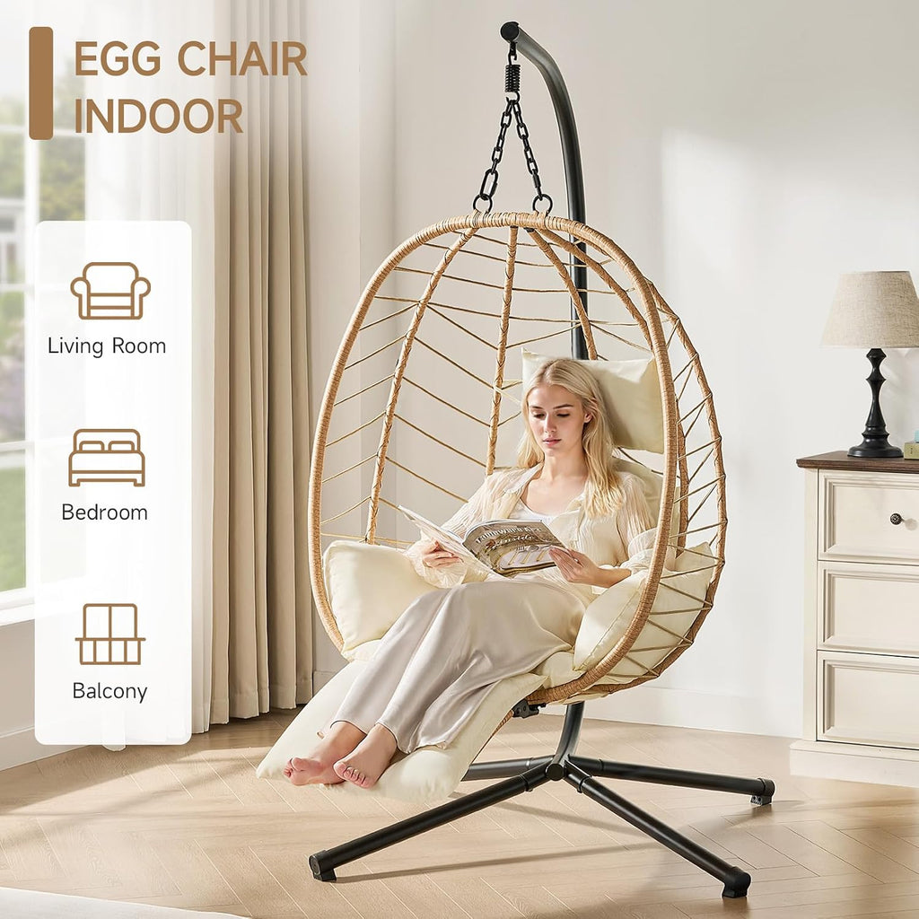 ONBRILL Hanging Egg Chair with Adjustable Footrest & Stand, Wicker Rattan Swing Hammock Chair with Cushion & Double Chains, 350LBS Capacity for Outdoor & Indoor Patio, Deck, Bedroom, Balcony (YE-BE)