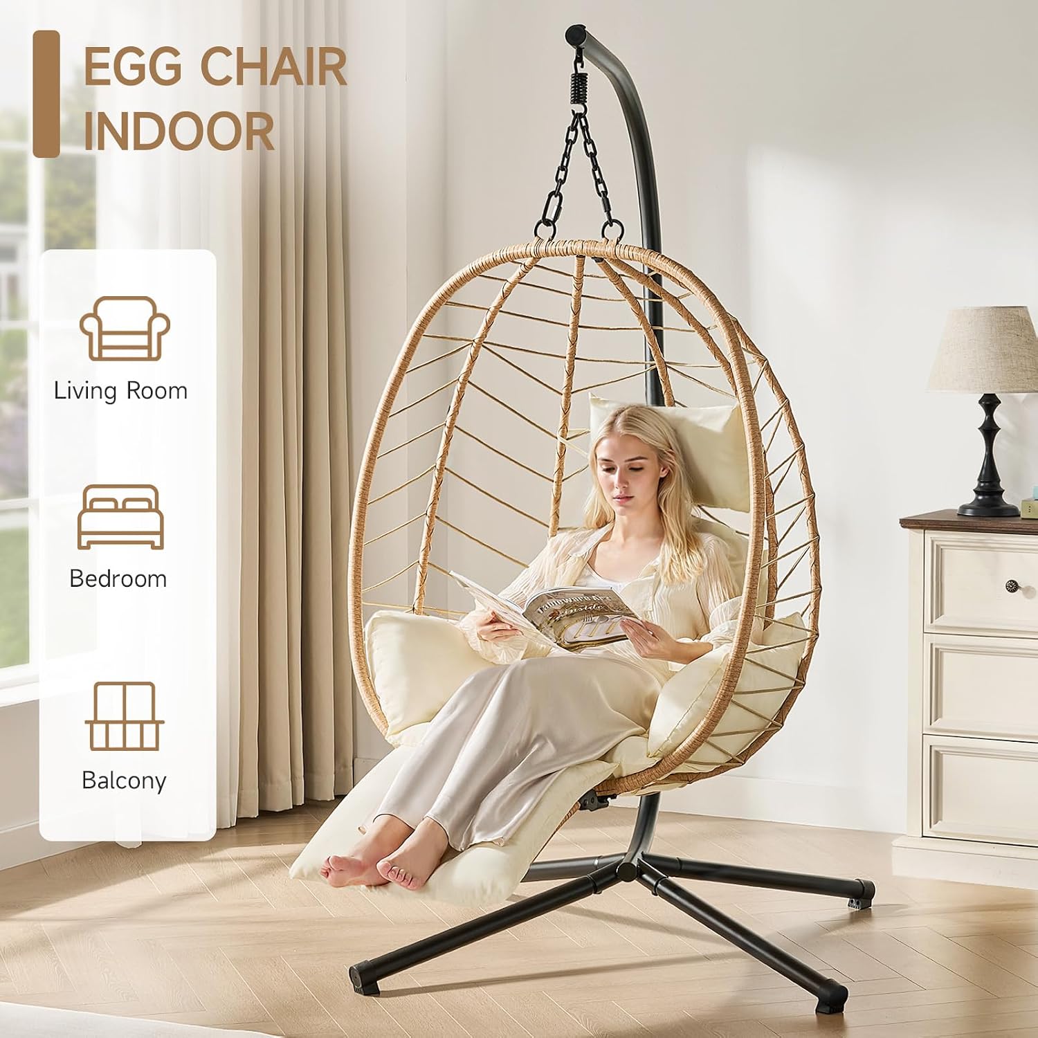 ONBRILL Hanging Egg Chair with Adjustable Footrest & Stand, Wicker Rattan Swing Hammock Chair with Cushion & Double Chains, 350LBS Capacity for Outdoor & Indoor Patio, Deck, Bedroom, Balcony (YE-BE)
