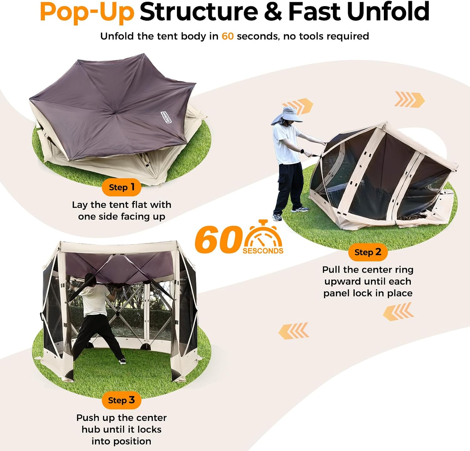 Tecoom 6 Side Pop Up Gazebo Tent, 10x10ft Waterproof Instant Screen with Mosquito Netting, Portable Outdoor Canopy with 4 Removable Wind Cloths, Sun Shelter for Camping, Garden and Picnics, Khaki