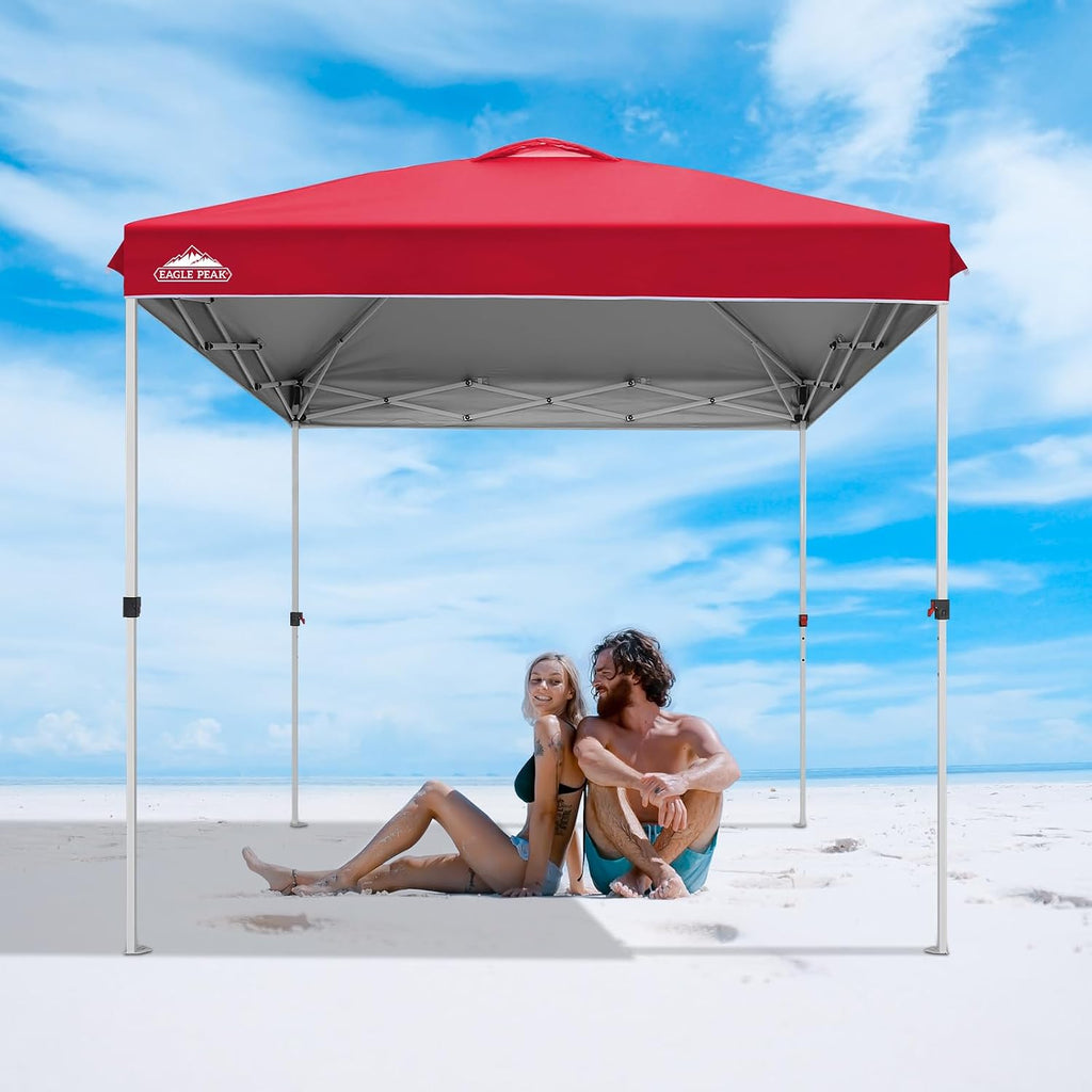 EAGLE PEAK Pop Up Canopy Tent with Wheeled Carry Bag, 8 Stakes, 4 Ropes, Easy Set Up Tent Canopy, 8x8 ft, Red